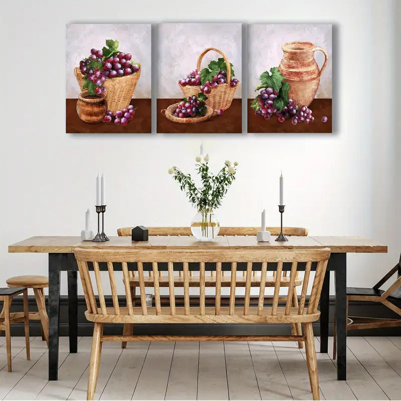 3pcs Grapevine & Purple Grapes Painting In Rustic Metal Print Ready to Hang Art
