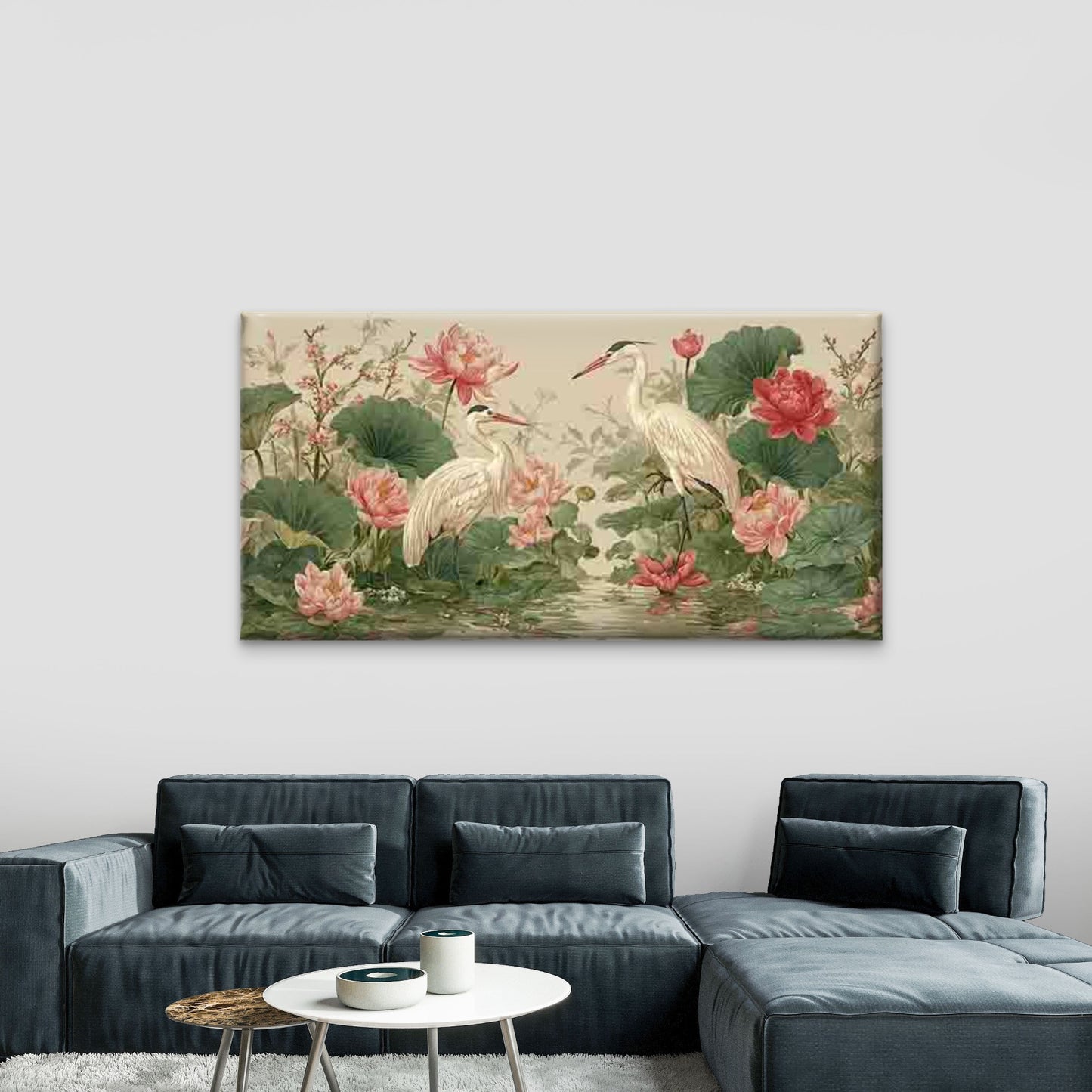 Two Herons Bird & for Lotus Wall Art Canvas Office Home Room Framed 120x60cm - Bella Home Decor