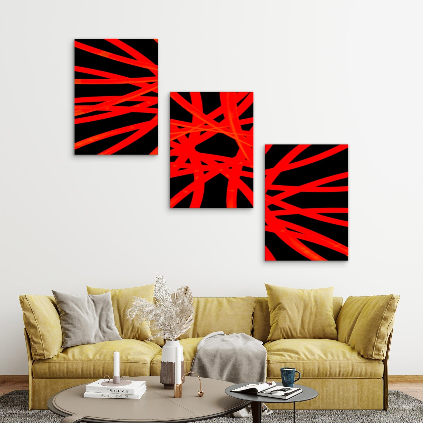 3pcs High Angle View Bright Red Light Abstract Metal Print Ready to Hang Art