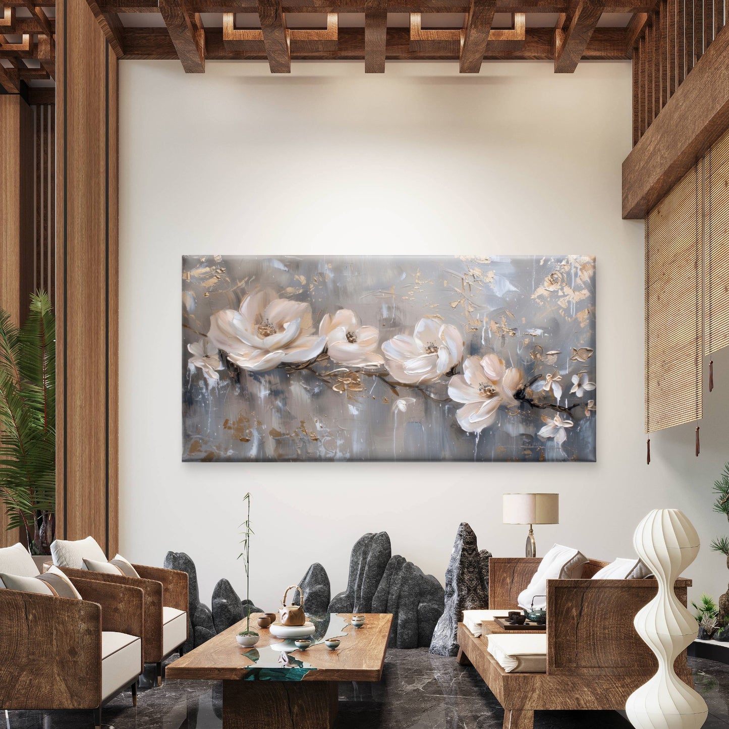 Gilded Petals Soft Shadows Wall Art Canvas Office Home Room Framed 120x60cm - Bella Home Decor
