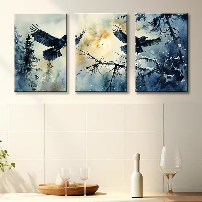 3pcs Crow on Branch Design Wall Art Set Canvas Framed 40x60cm - High Quality Print 100% Australian Made Wall Canvas Ready to Hang - Bella Home Decor