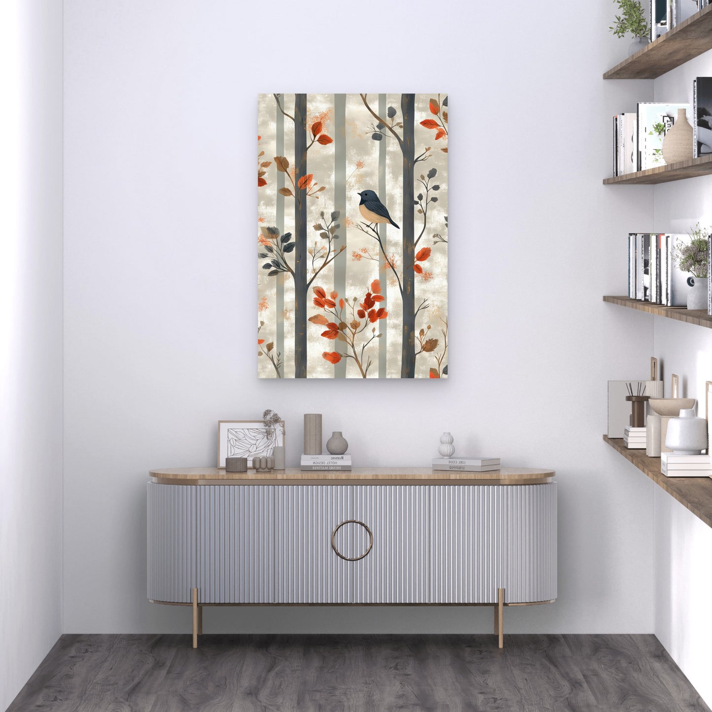 Abstract Autumn Bird Tree Branch Scenery 40x60cm Metal Print Ready to Hang