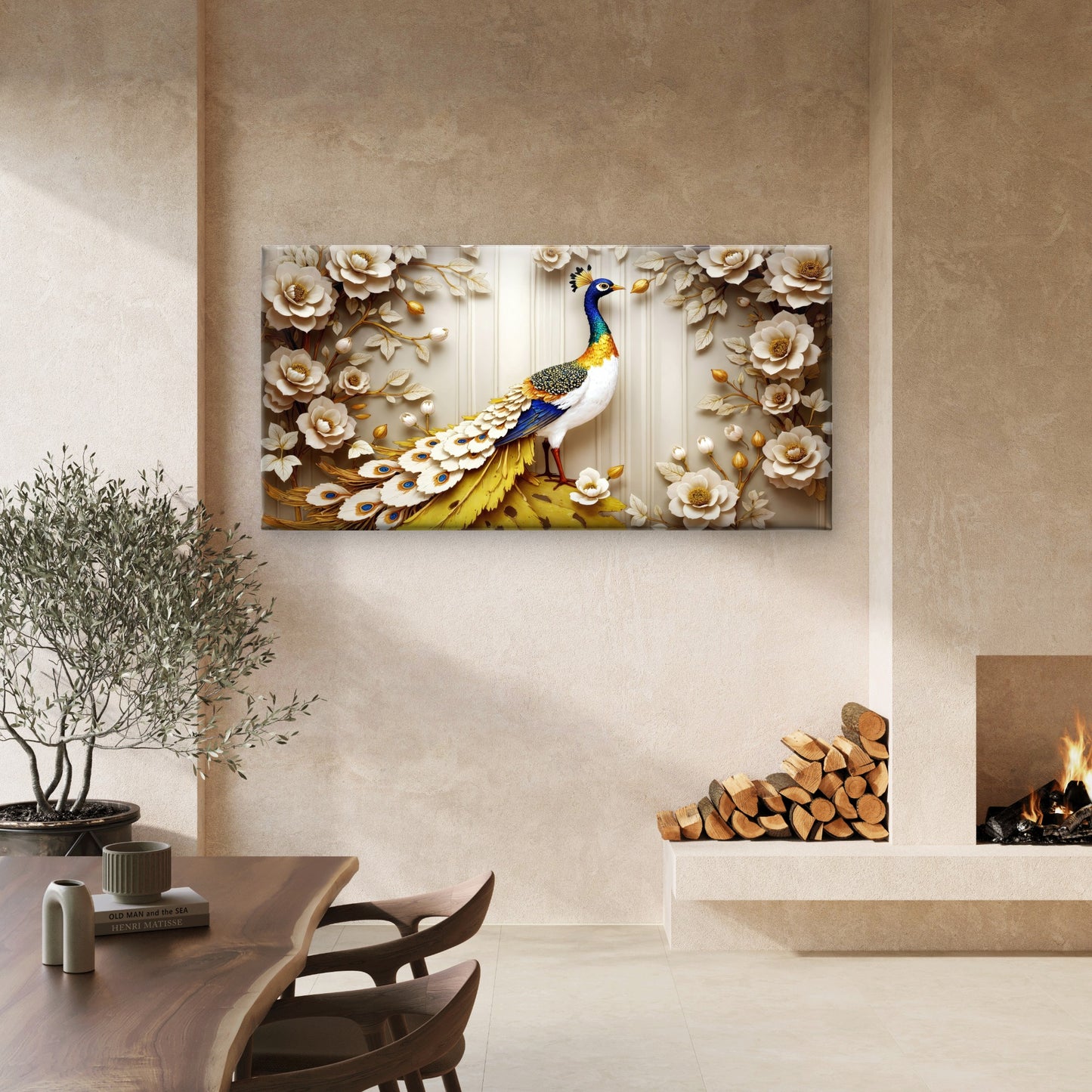 Gold Peacock Flower Wall Art Canvas Office Home Room Framed 120x60cm