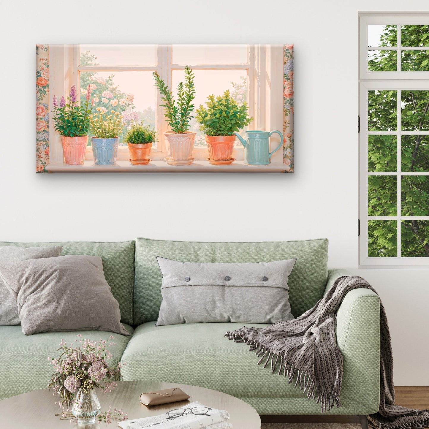 Sunny Windowsill Potted Herbs And Watering Can Coziness Interior Wall Art Canvas Office Home Room Framed 120x60cm