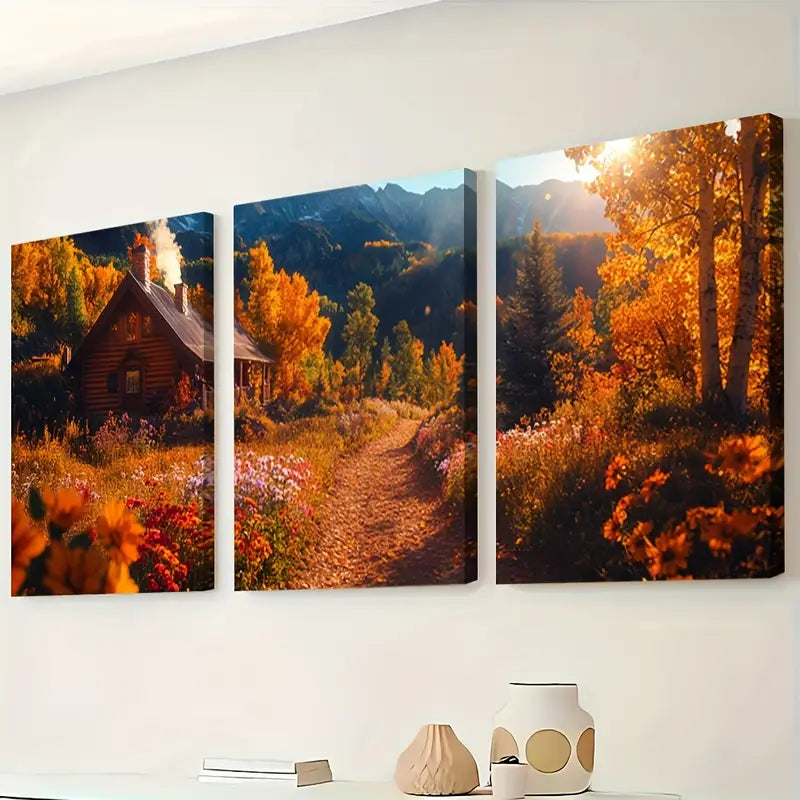 3pcs Autumn Mountain Cabin Trail Scene Wall Art Set Canvas Framed 40x60cm - High Quality Print 100% Australian Made Wall Canvas Ready to Hang - Bella Home Decor