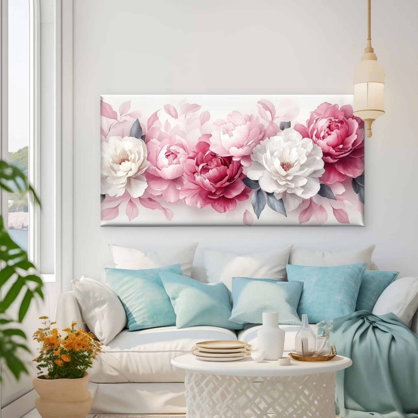 Pink And White Peony Flowers Wall Art Canvas Office Home Room Framed 120x60cm