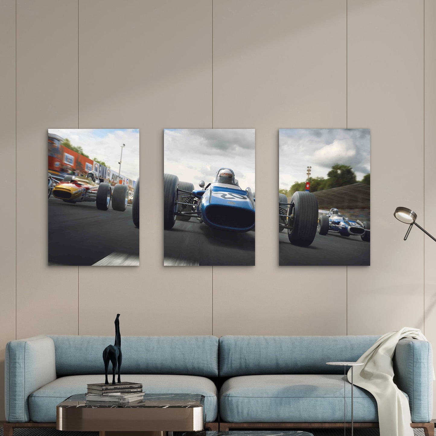 3pcs Vintage Retro Blue Grand Prix Racing Car Metal Print Ready to Hang Art