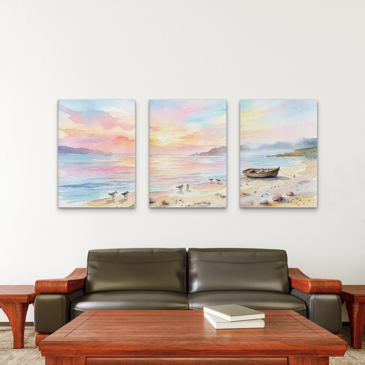 3pcs Pastel Watercolor Beach Sunset Boat Wall Art Set Canvas Framed 40x60cm - High Quality Print 100% Australian Made Wall Canvas Ready to Hang - Bella Home Decor