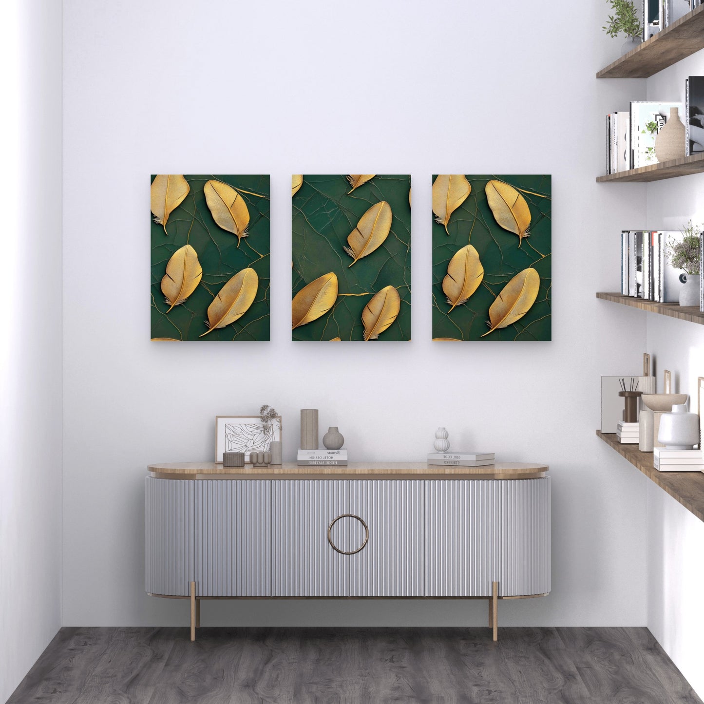 3pcs Golden Feathers Arranged Dark Green Cracked Metal Print Ready to Hang Art