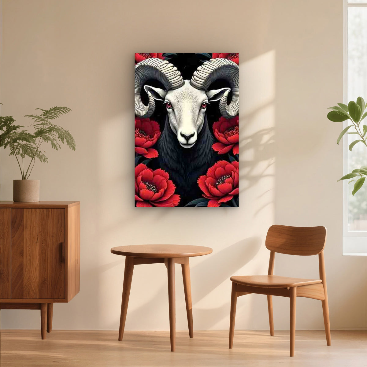 Sheep'S Head with Curved Horns And Red Eyes 40x60cm Metal Print Ready to Hang