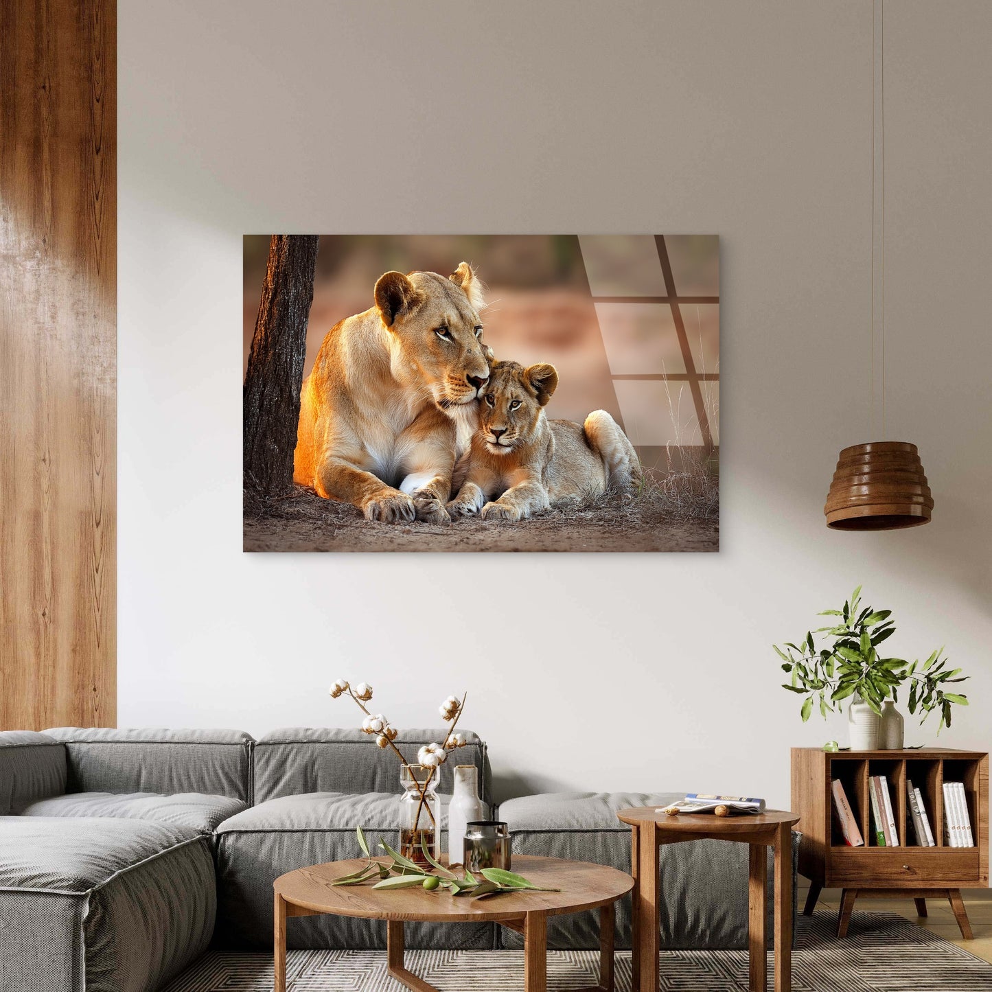 Maternal Lioness Cub Savannah Scene Acrylic Glass Printing Wall Art Australian Made Quality