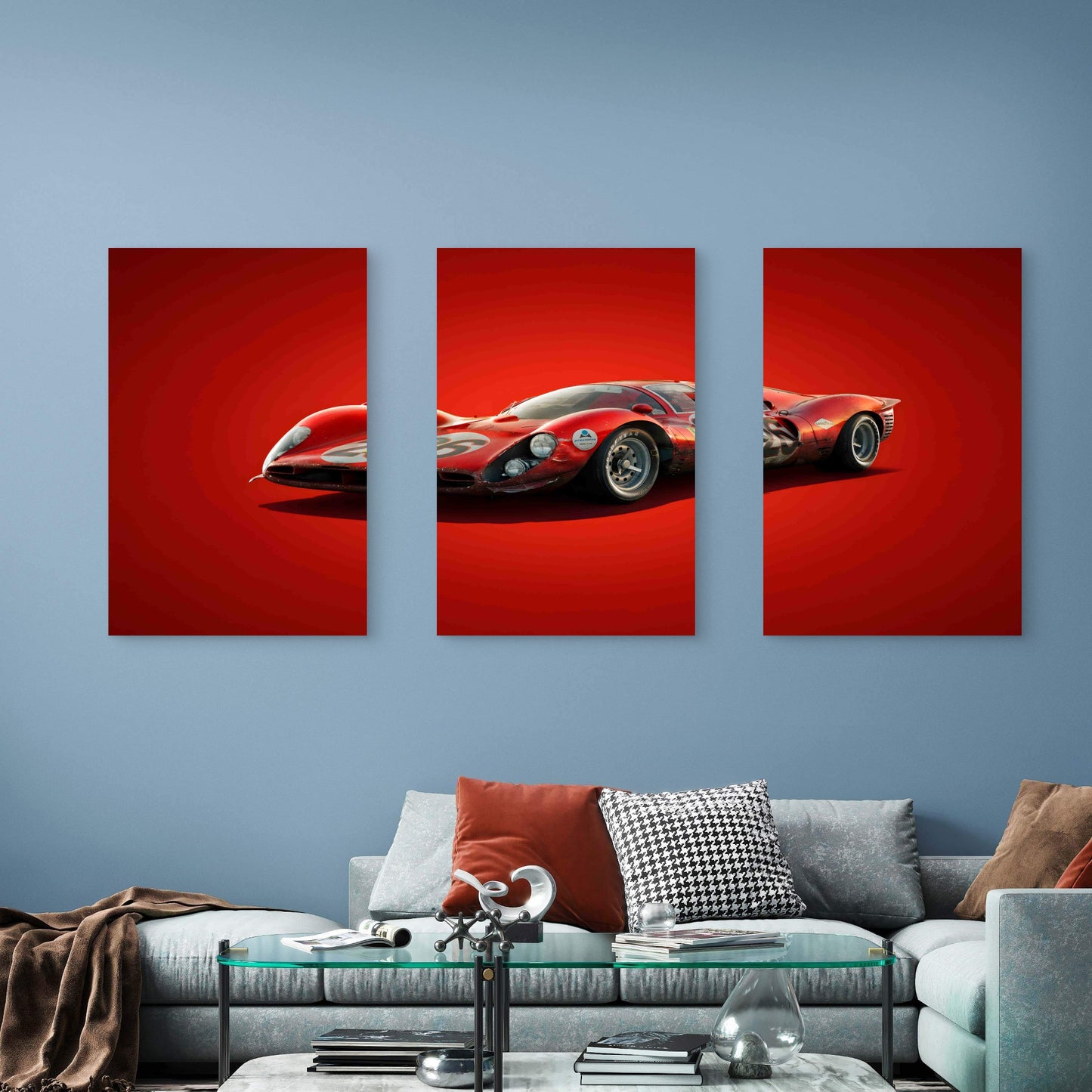 3pcs Vintage Crimson Retro Endurance Race Car Metal Print Ready to Hang Art