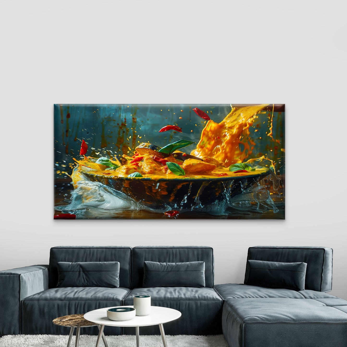 Dynamic Yellow Curry Splash Wall Art Canvas Office Home Room Framed 120x60cm