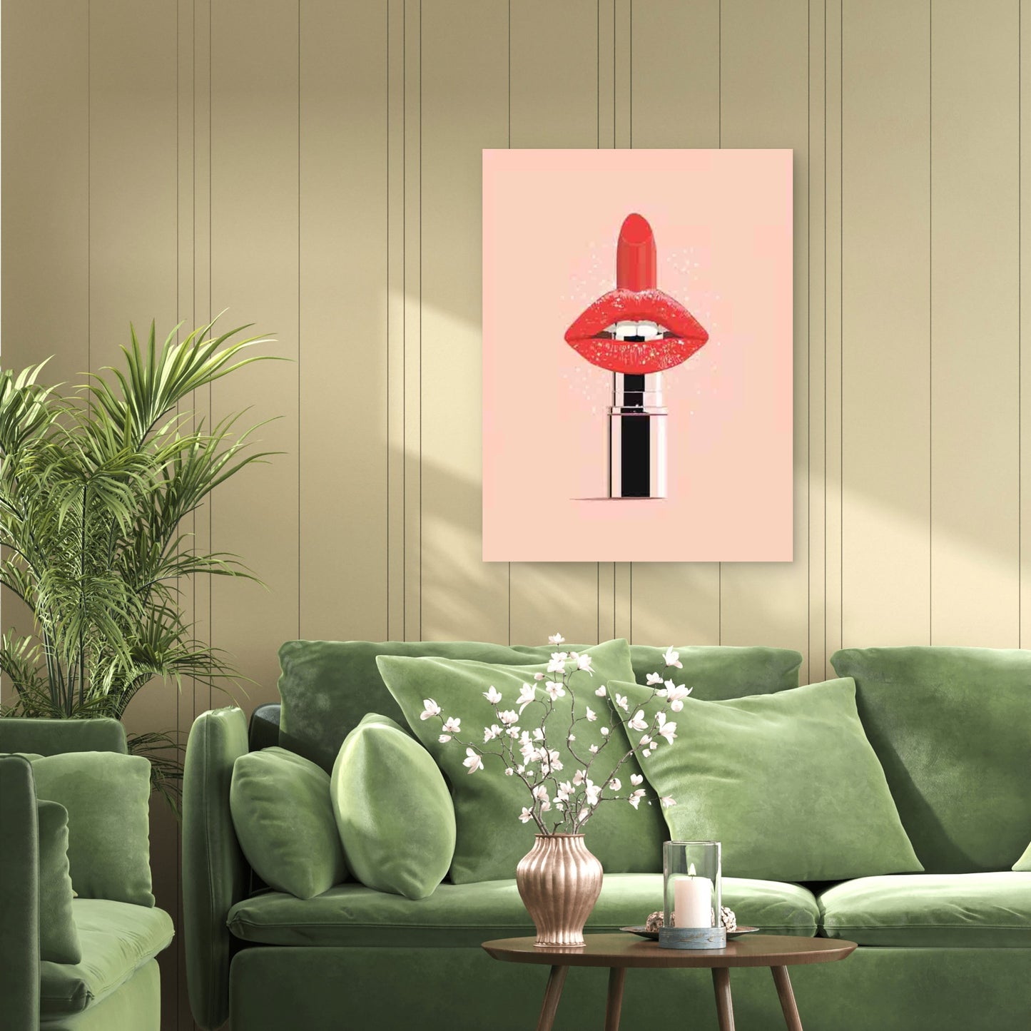 Vibrant Red Lips & Pink Background 40x60cm Metal Print Ready to Hang