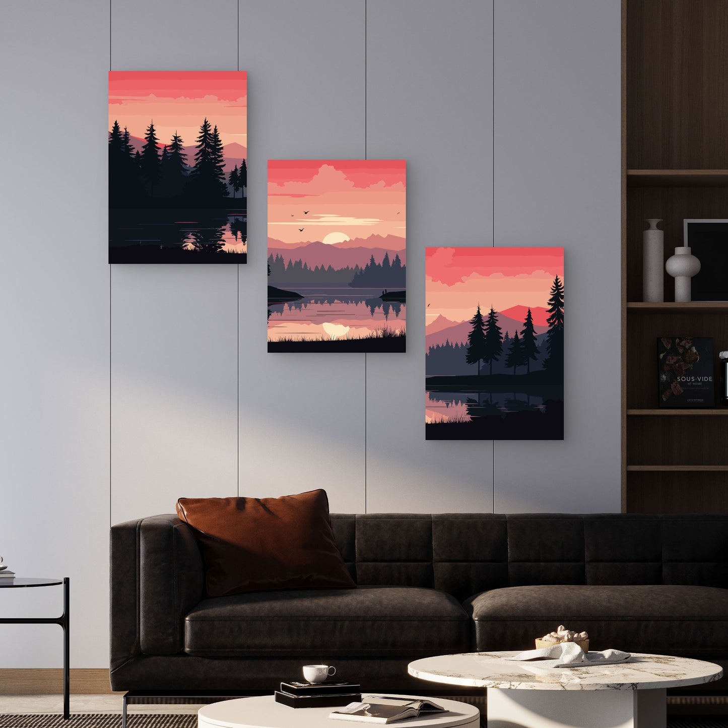 3pcs Sunset Reflecting Over Serene Lake Waters Metal Print Ready to Hang Art