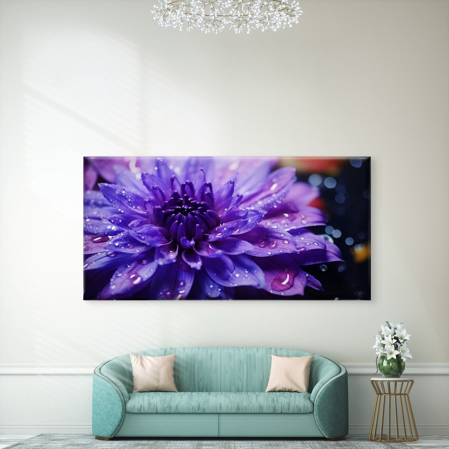 Purple Dahlia With Raindrops Wall Art Canvas Office Home Room Framed 120x60cm