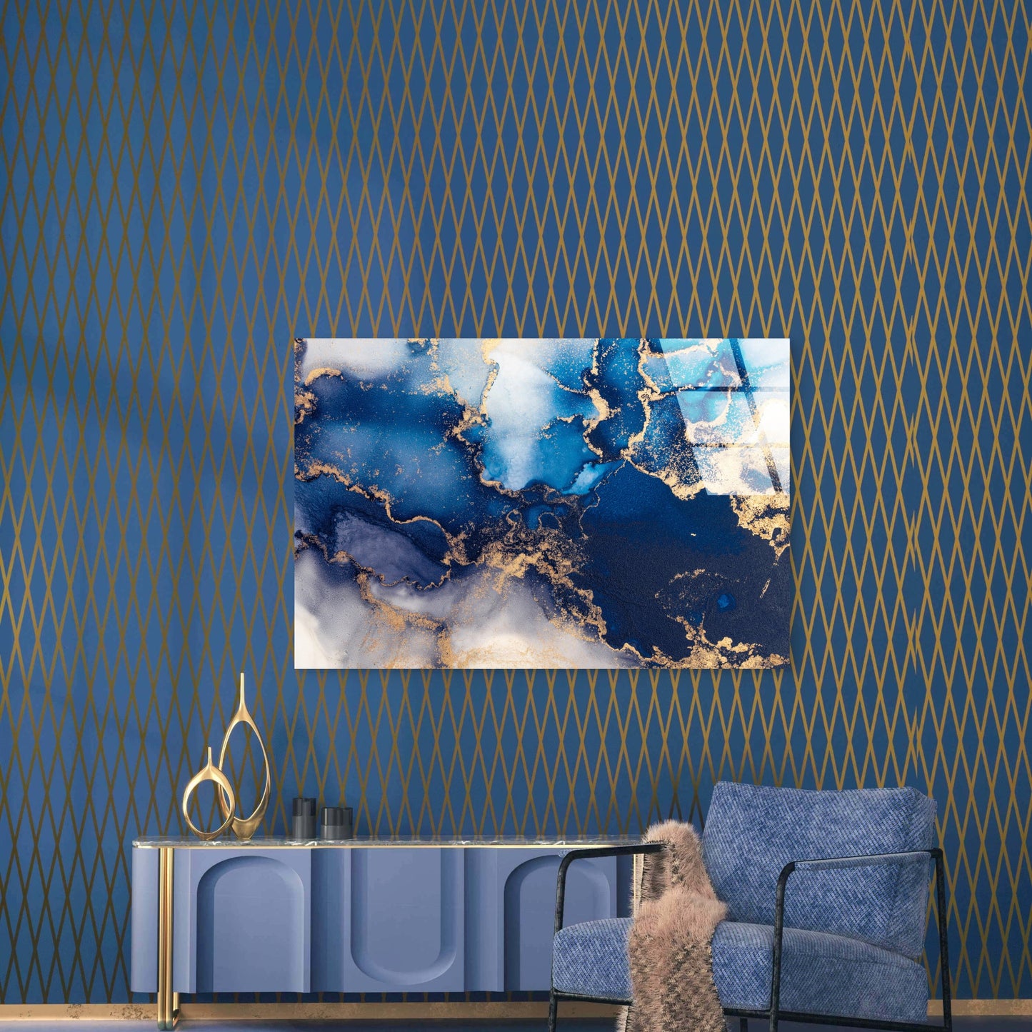 Modern Navy Gold Ink Abstract Acrylic Glass Printing Wall Art Australian Made Quality