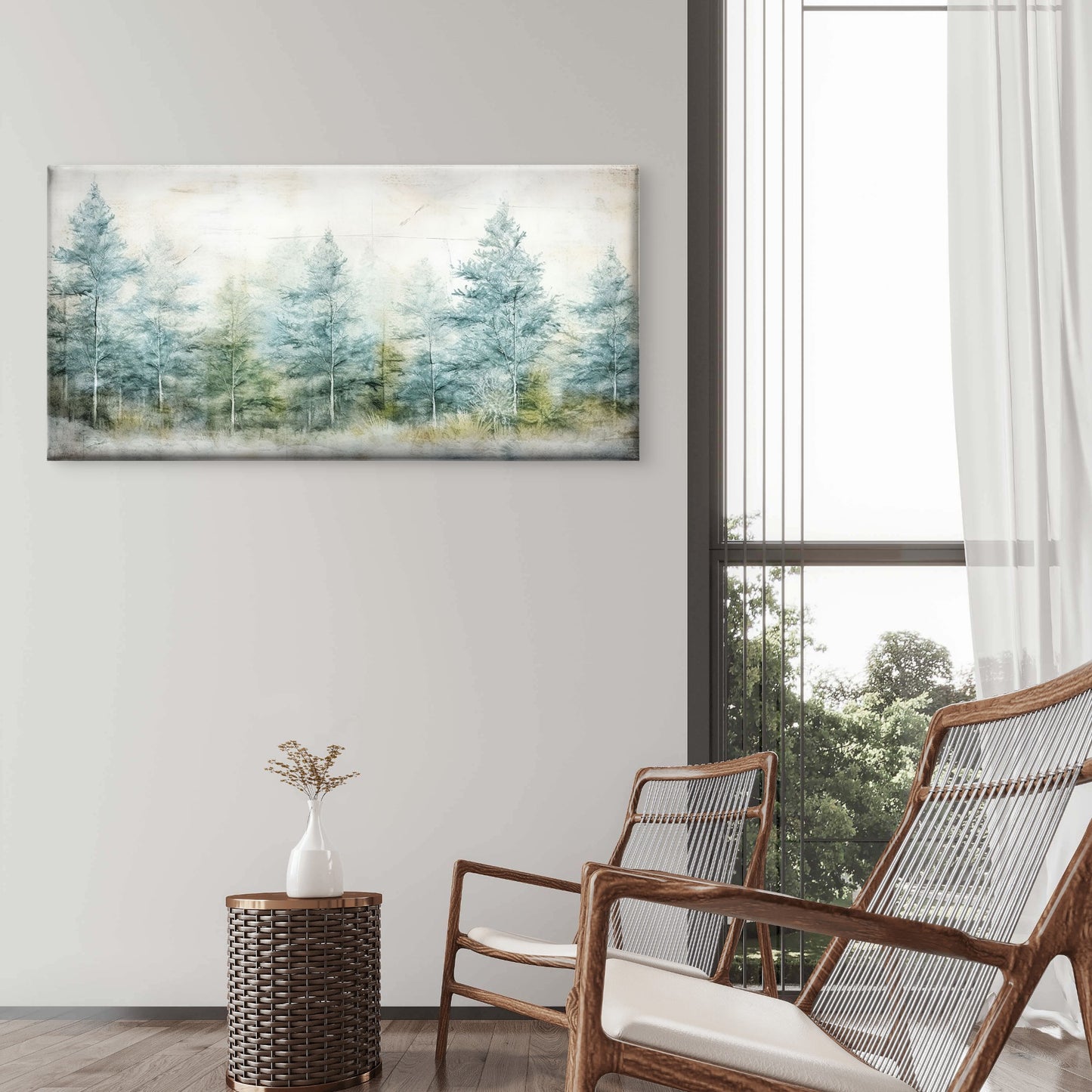 Misty Pine Forest Watercolor Nature Wall Art Canvas Office Home Framed 120x60cm