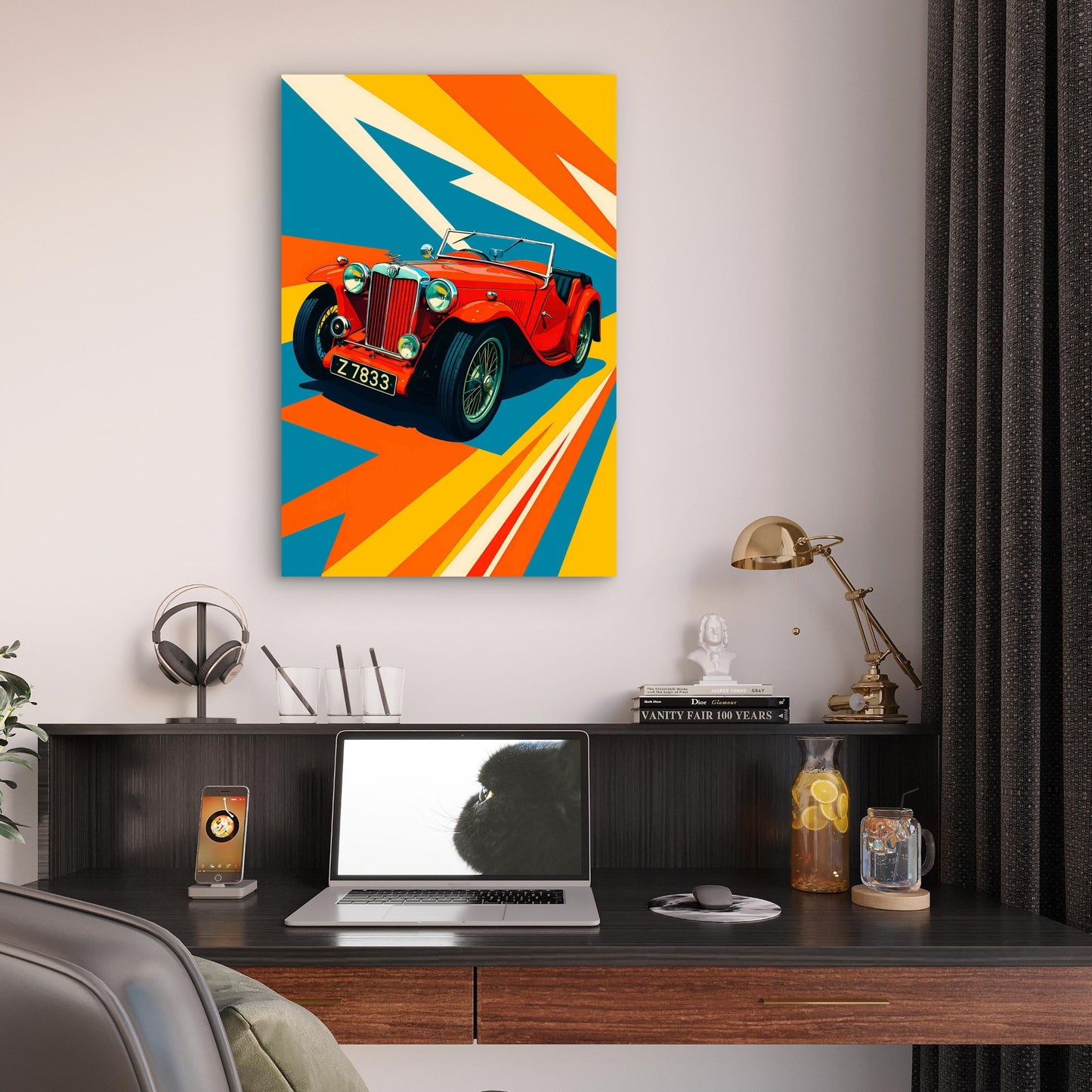 Retro Red Classic Car Pop Art Illustration 40x60cm Metal Print Ready to Hang