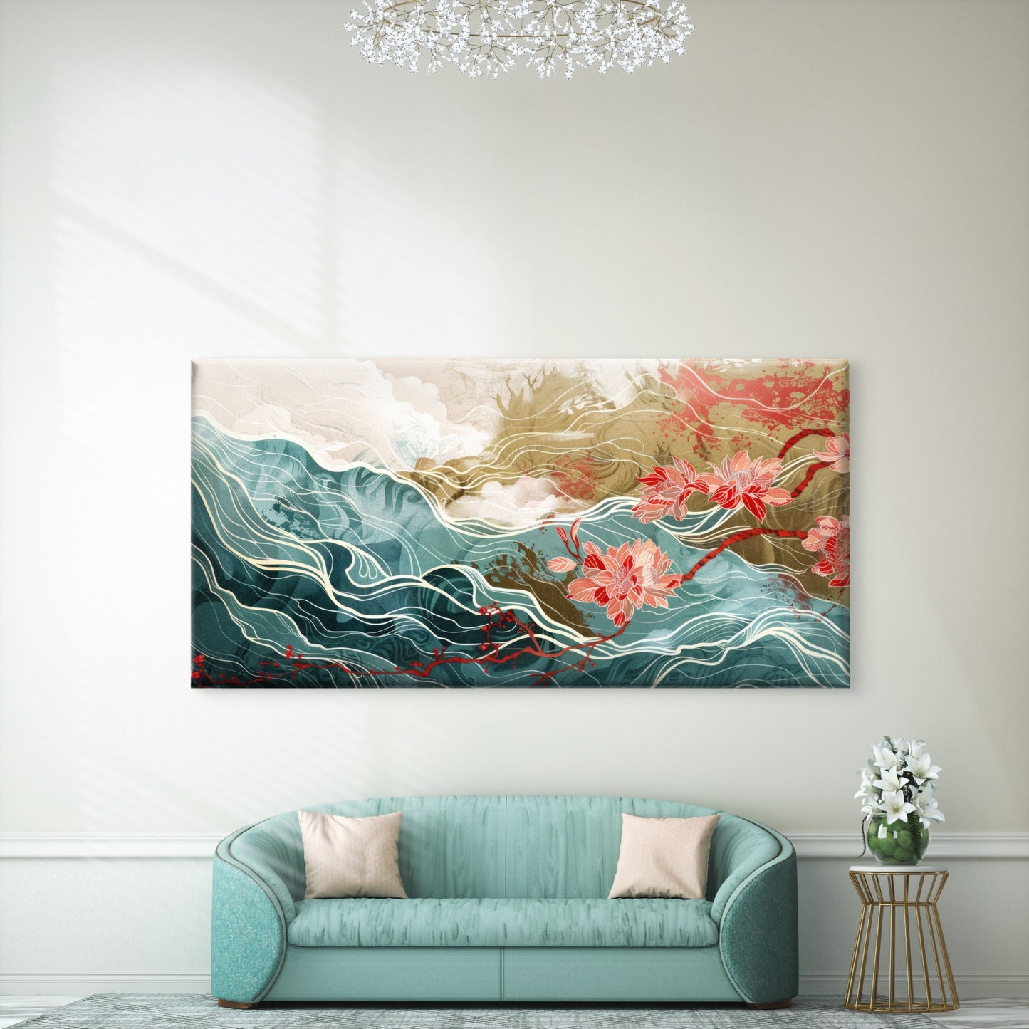 Flowing Mountain Blossom Waves Wall Art Canvas Office Home Room Framed 120x60cm
