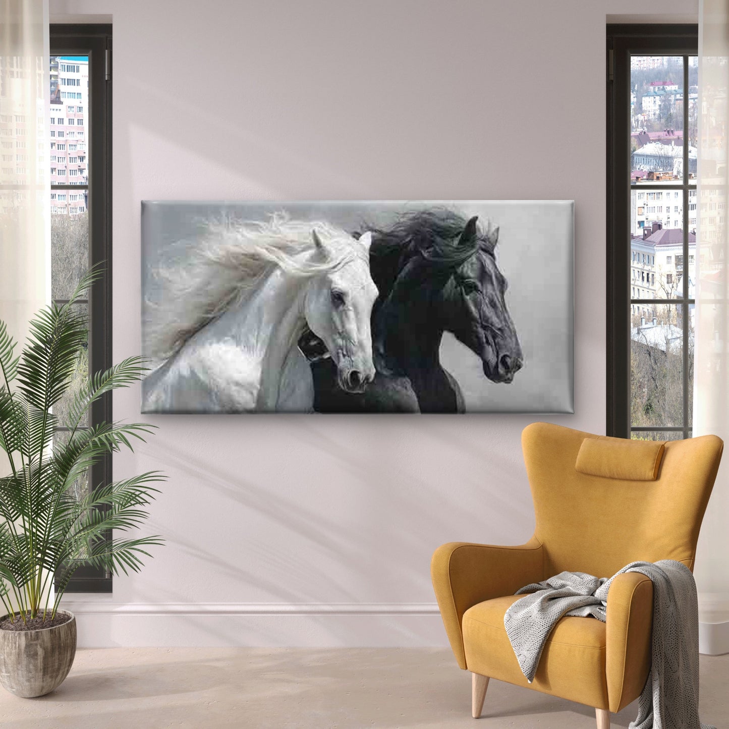 White And Black Horse Galloping Wall Art Canvas Office Home Room Framed 120x60cm