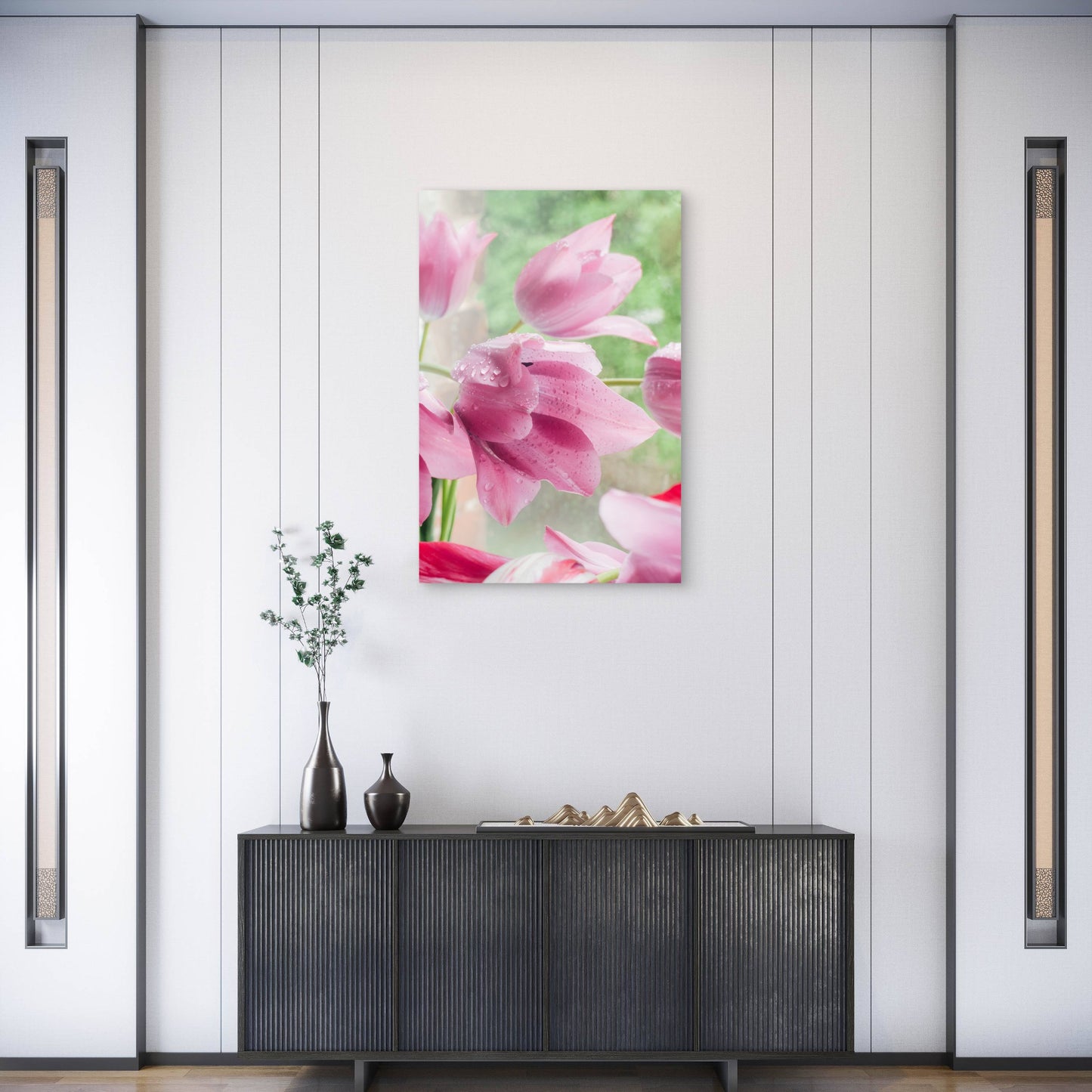 Pink Tulip Flower Garden Water Drops 40x60cm Metal Print Ready to Hang