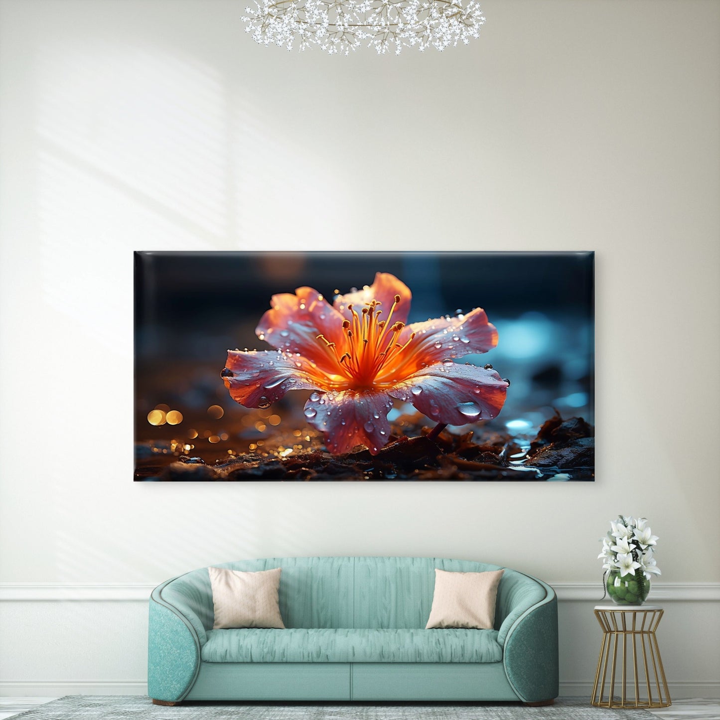 Orange Flower In The Dark Wall Art Canvas Office Home Room Framed 120x60cm