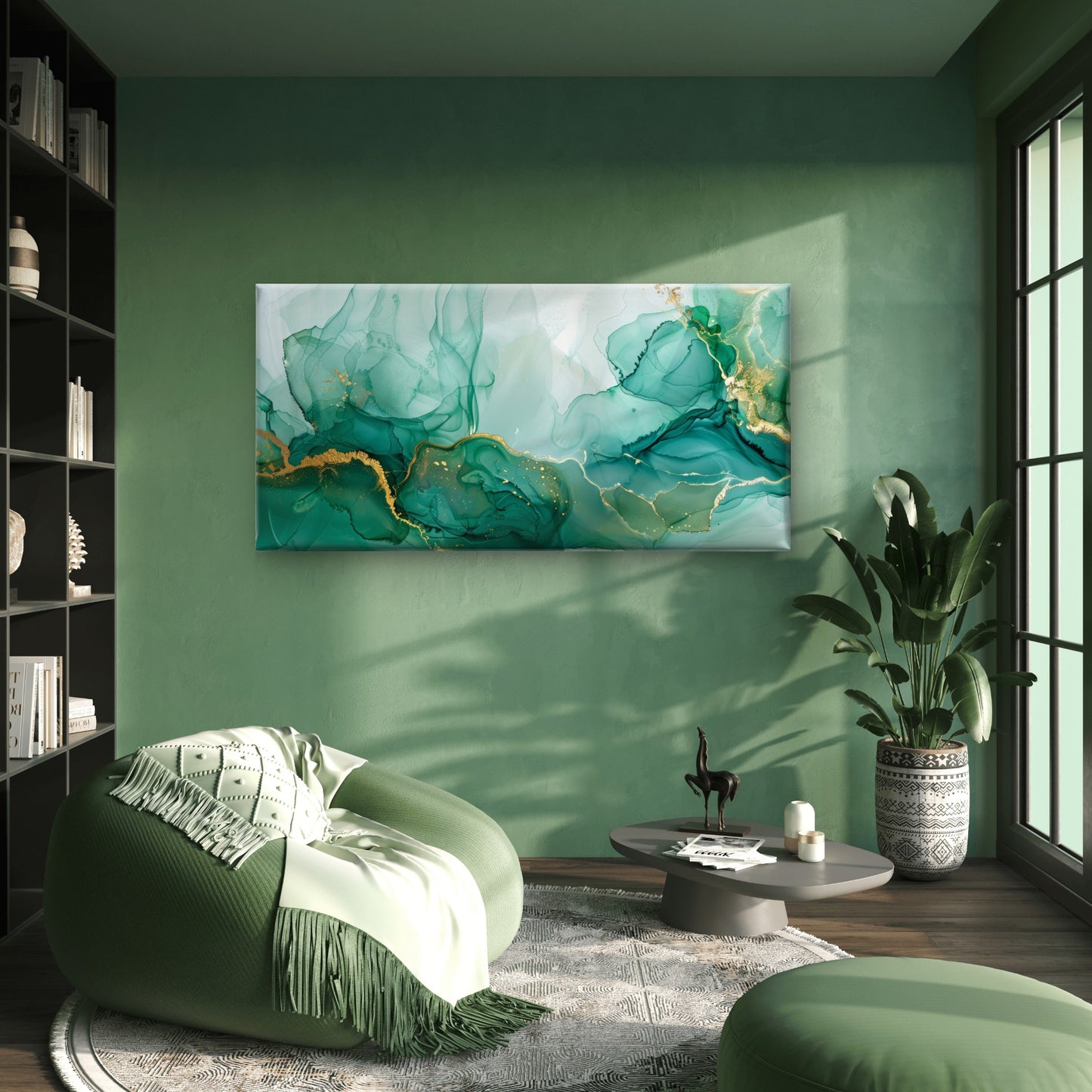 Emerald Gold Fluid Abstract Wall Art Canvas Office Home Room Framed 120x60cm