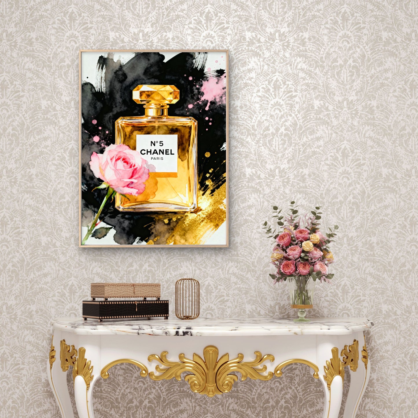 High End brand Perfume bottle with a pink rose Canvas Print Fashion Wall Art Decor 100% Australian Made