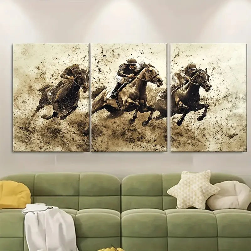 3pcs Vintage Horse Racing Wall Art Set Canvas Framed 40x60cm - High Quality Print 100% Australian Made Wall Canvas Ready to Hang
