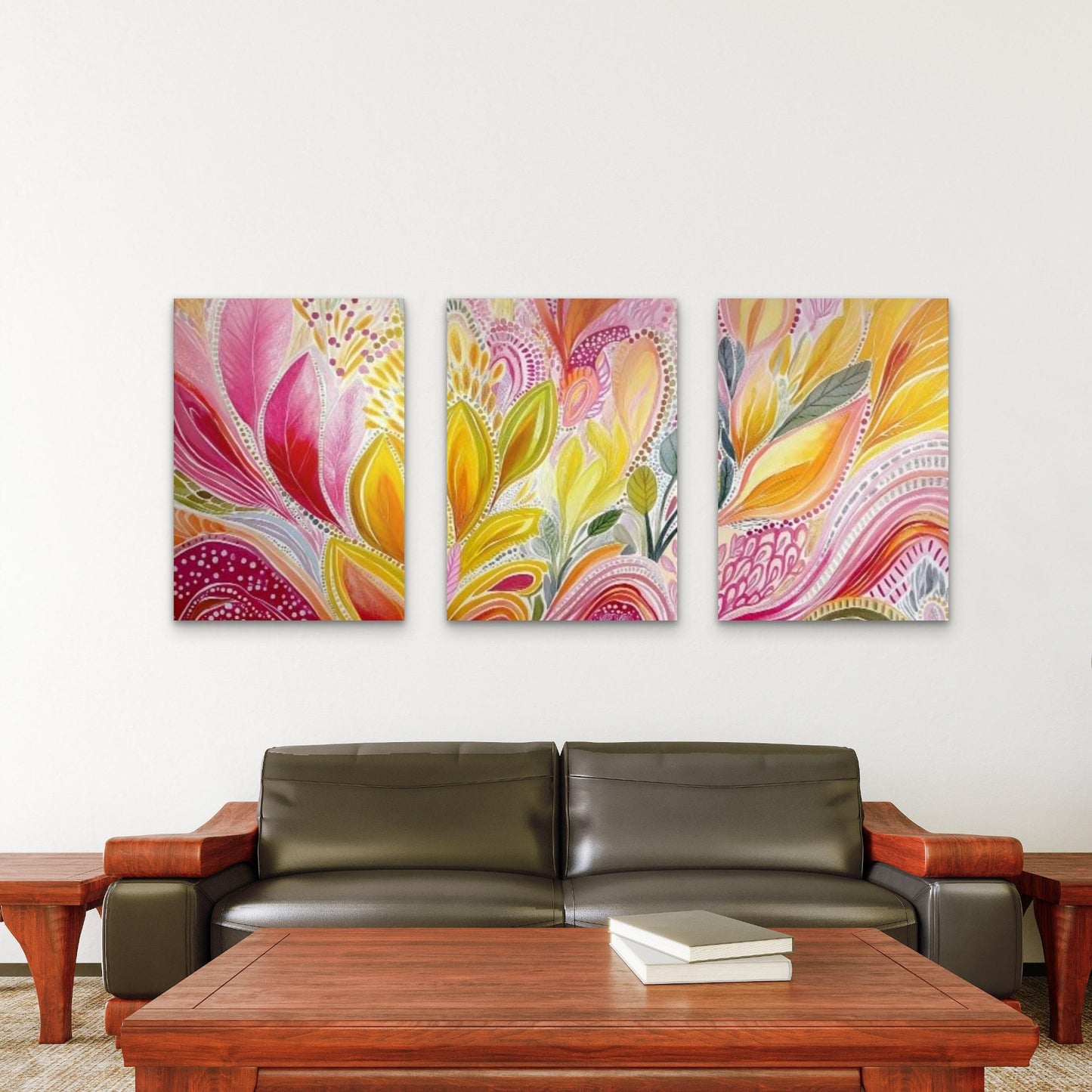 3pcs Yellow Pink Abstract Botanical Pattern Wall Art Set Canvas Framed 60x90cm - High Quality Print 100% Australian Made Wall Canvas Ready to Hang - Bella Home Decor