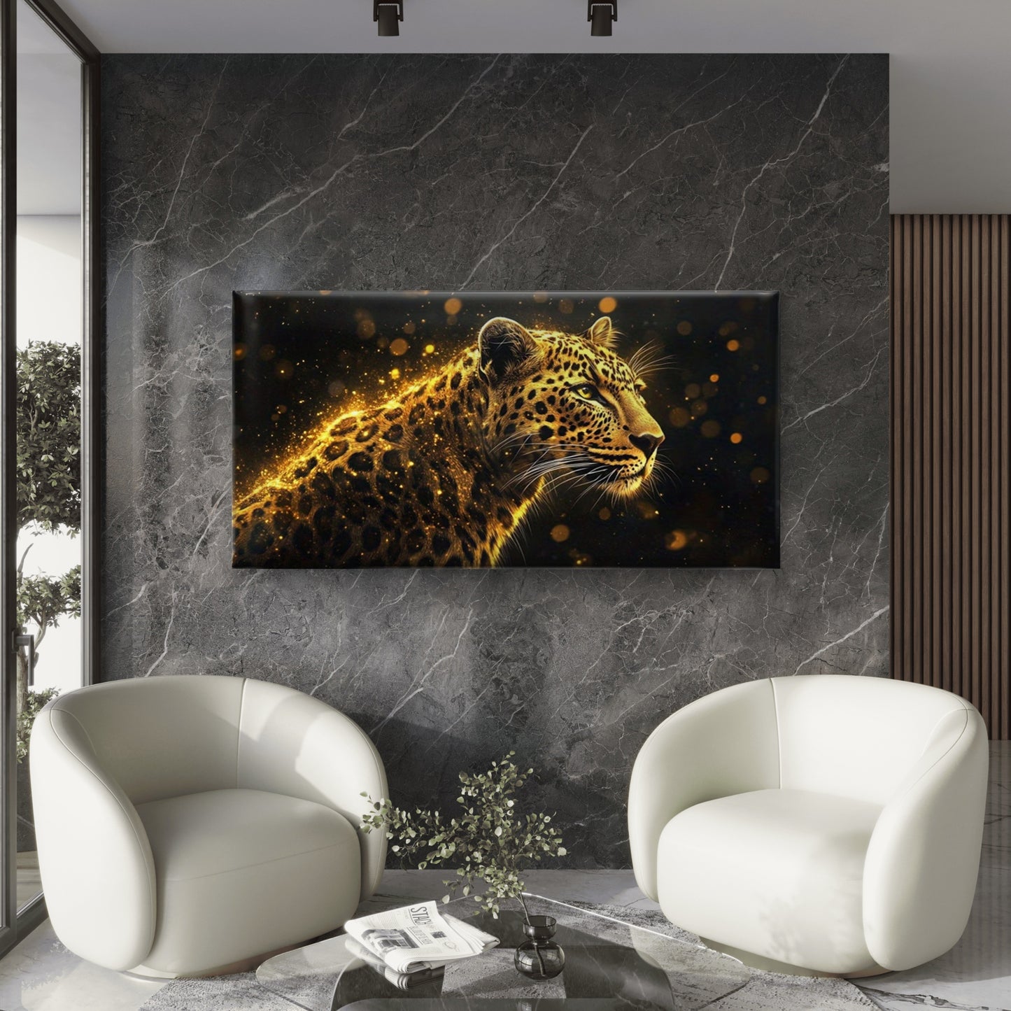 Golden Leopard Illuminated Wall Art Canvas Office Home Room Framed 120x60cm
