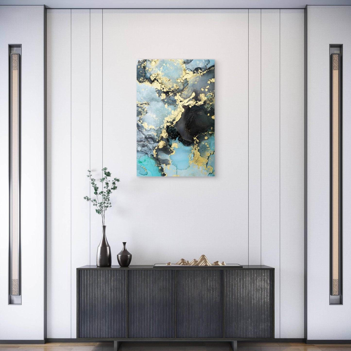 Teal Blue Gold Foil Fluid Ink Abstract Swirl 40x60cm Metal Print Ready to Hang