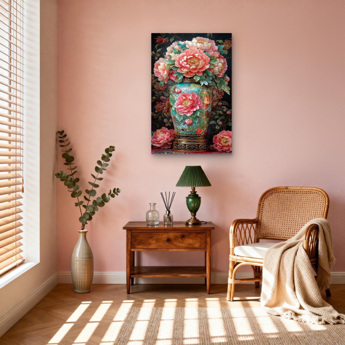 Chinese Pink Peony Flower Bouquet Jade Vase 40x60cm Metal Print Ready to Hang