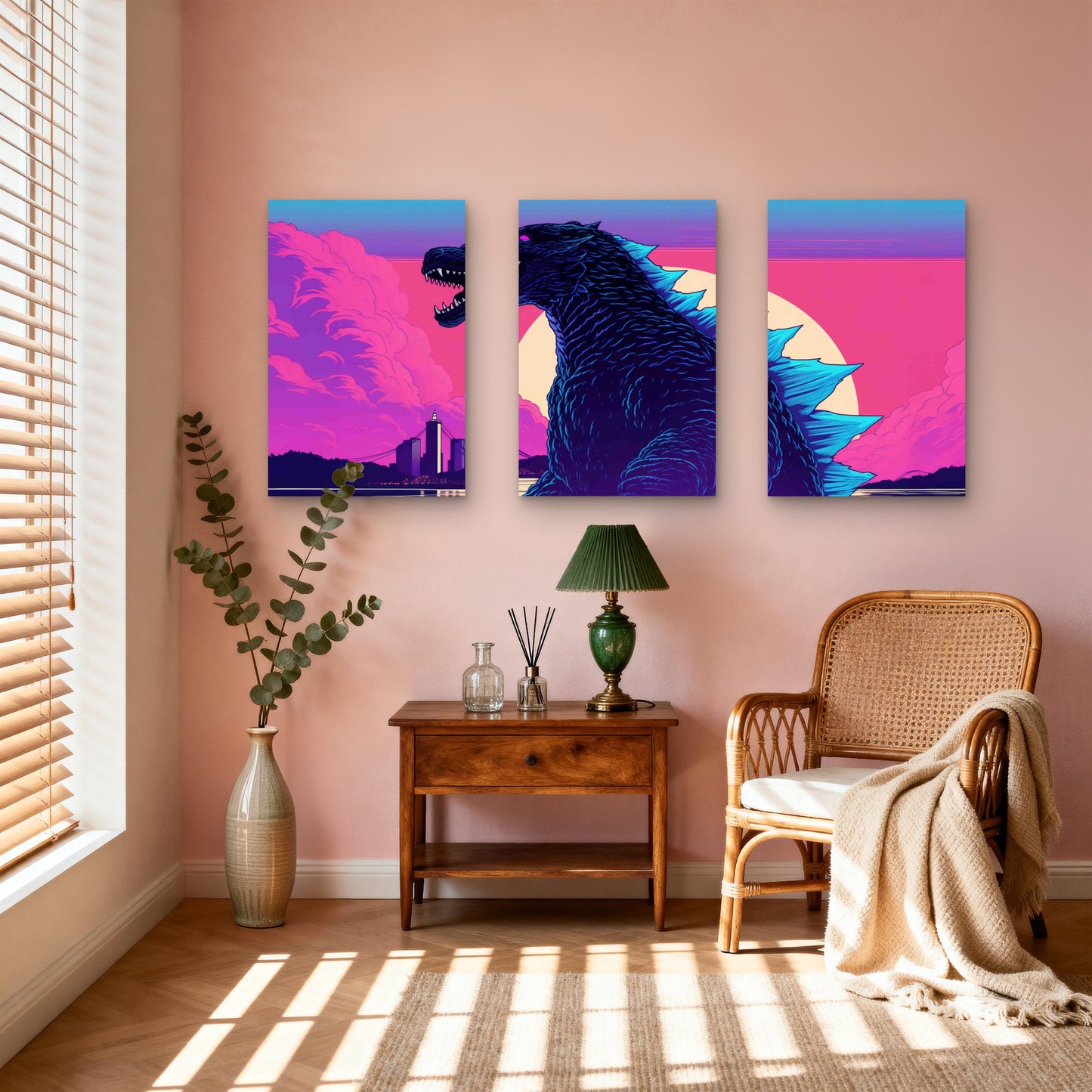 3pcs Giant Kaiju Monster City Sunset Metal Print Ready to Hang Art