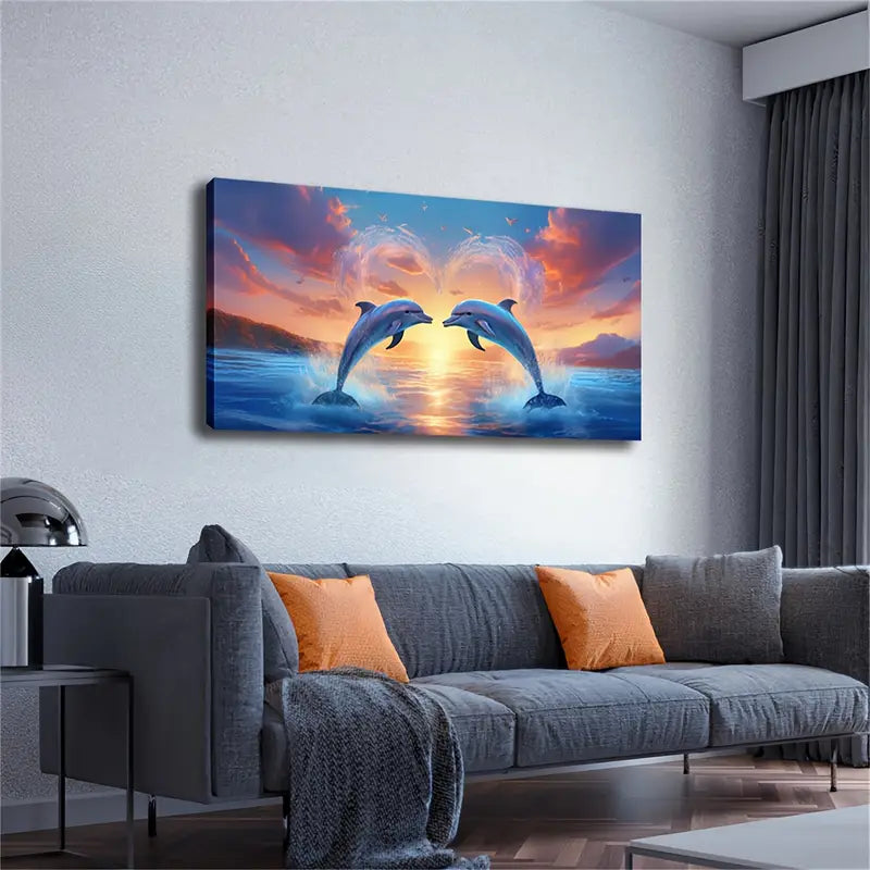 Two Dolphins on The Sea Wall Art Canvas Office Home Room Framed 120x60cm - Bella Home Decor