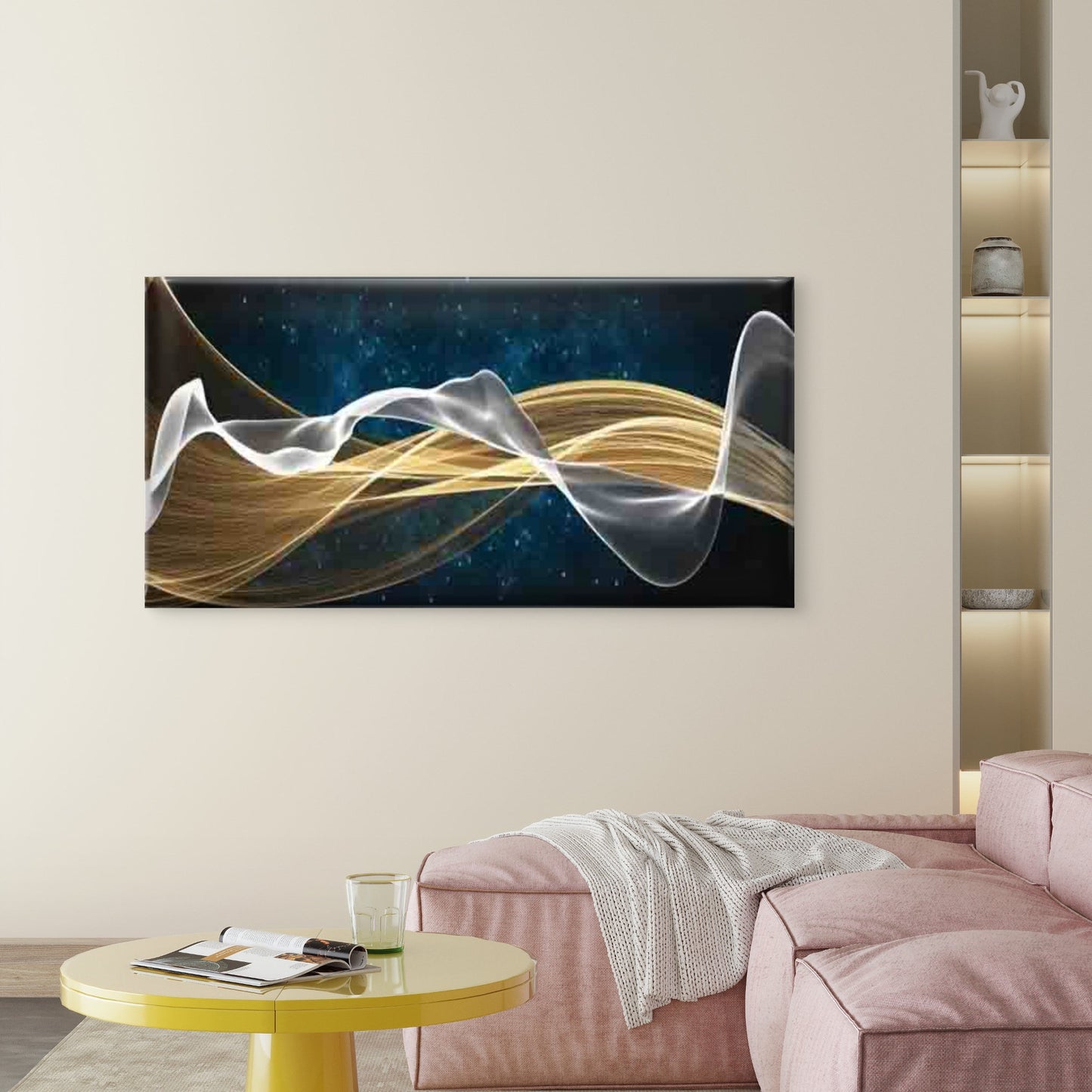 Golden Waves Flowing Wall Art Canvas Office Home Room Framed 120x60cm - Bella Home Decor