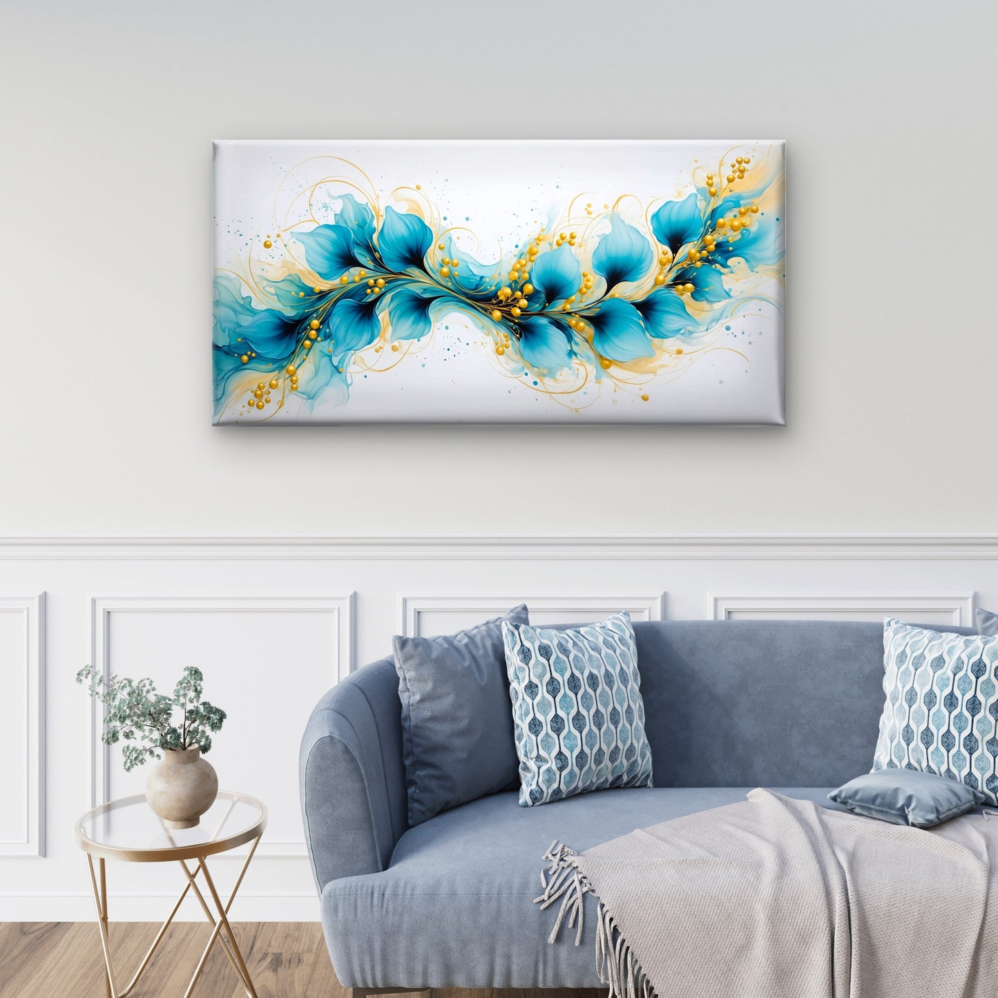 Abstract Teal Blue Flowers Gold Accents Swirls Wall Art Canvas Office Home Room Framed 120x60cm