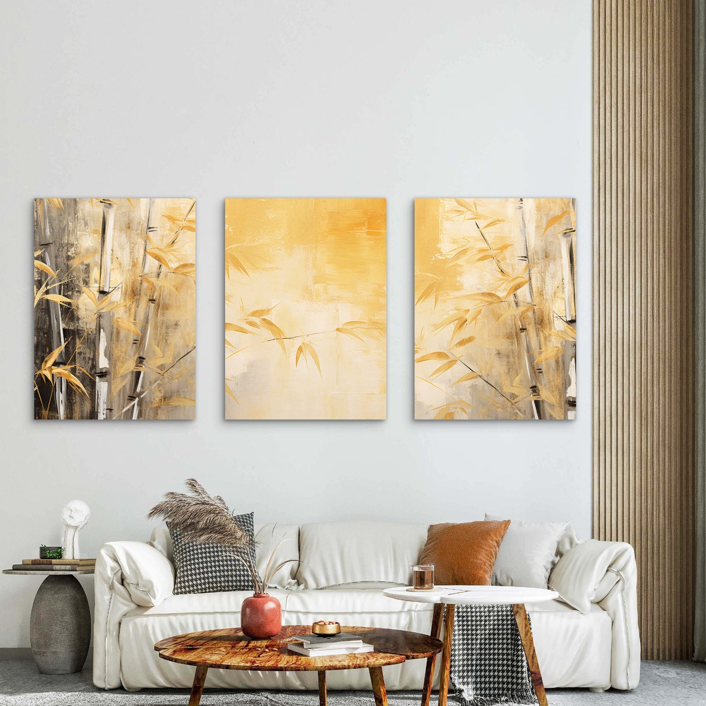 3pcs Modern Yellow Abstract Bamboo Plant Wall Art Set Canvas Framed 50x70cm - High Quality Print 100% Australian Made Wall Canvas Ready to Hang