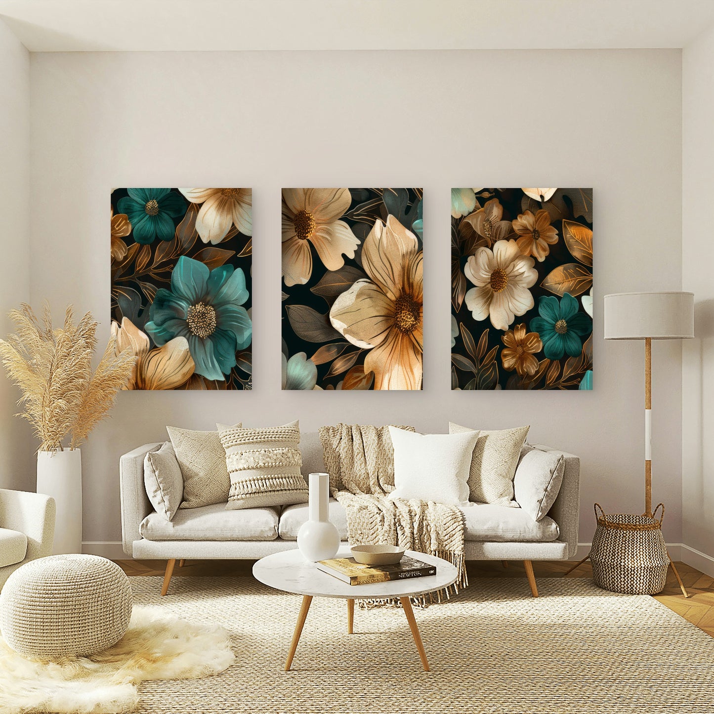 3pcs Dark Teal Gold Floral Flowers Wall Art Set Canvas Framed 60x90cm - High Quality Print 100% Australian Made Wall Canvas Ready to Hang