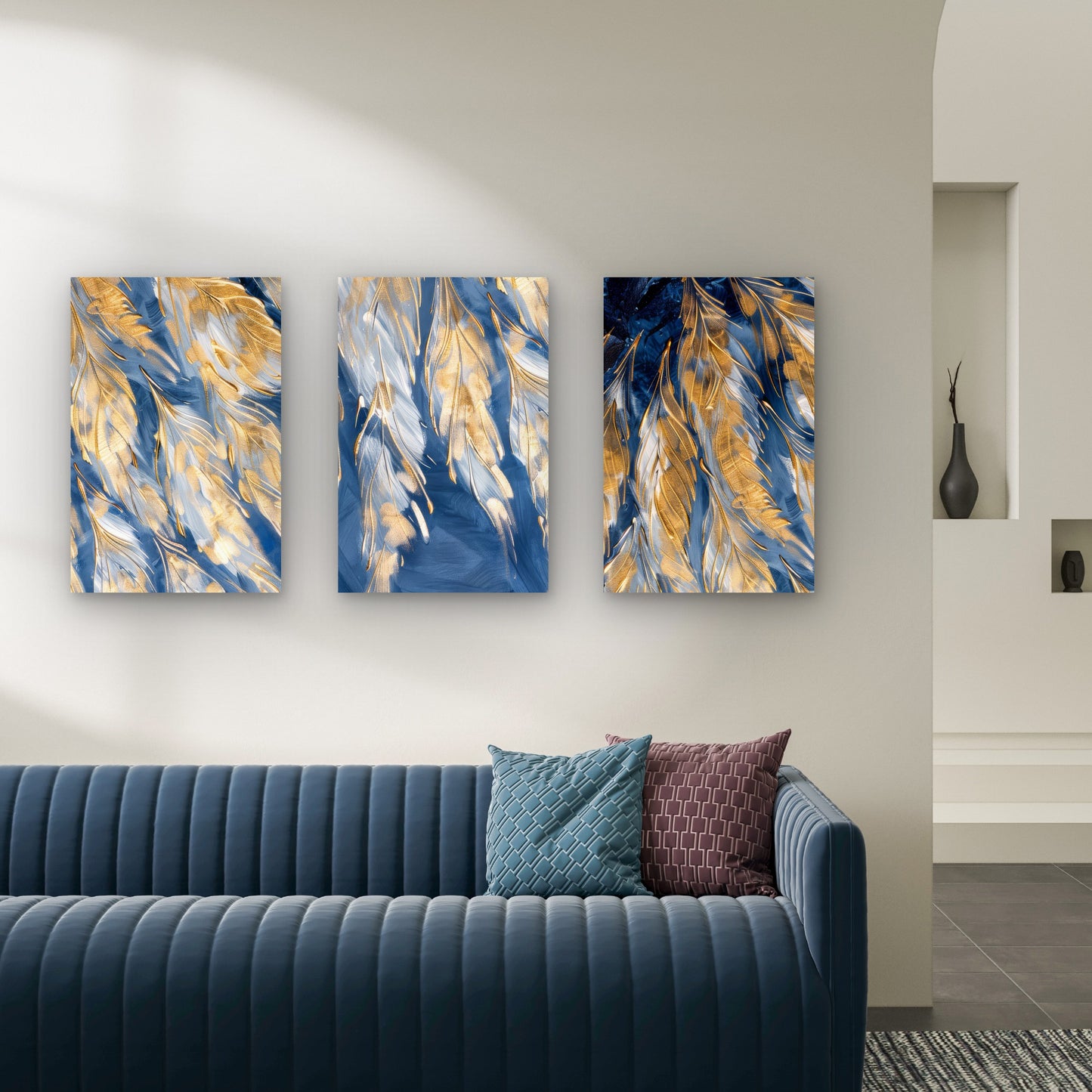 3pcs Navy Blue Gold Feather Pattern Print Wall Art Set Canvas Framed 60x90cm - High Quality Print 100% Australian Made Wall Canvas Ready to Hang