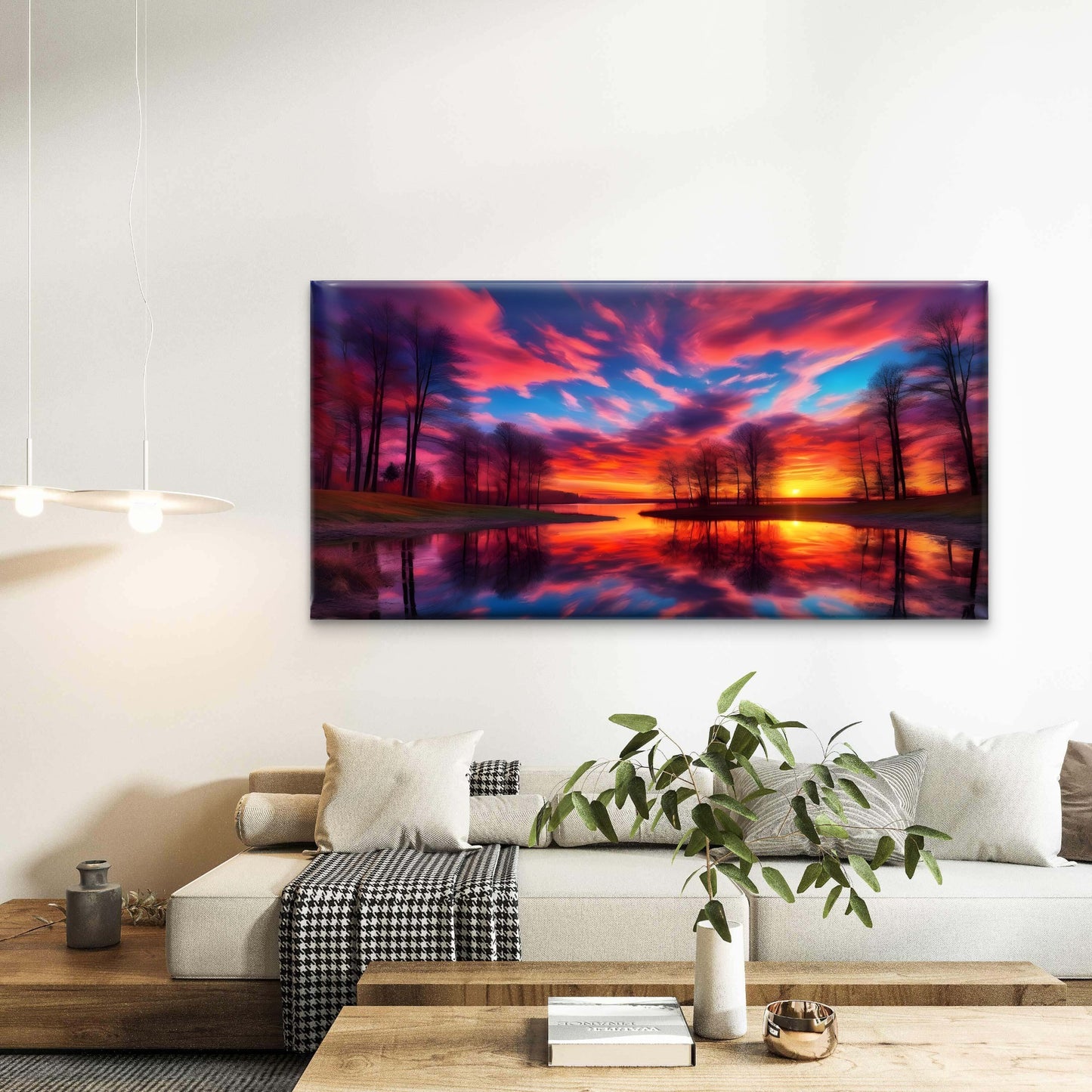Fiery Sunset Reflection Scene Wall Art Canvas Office Home Room Framed 120x60cm