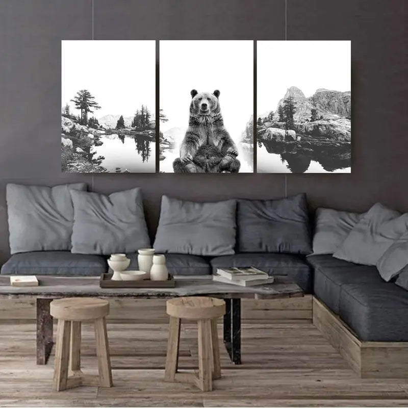 3pcs Grizzly Bear Black & White Nature Wall Art Set Canvas Framed 40x60cm - High Quality Print 100% Australian Made Wall Canvas Ready to Hang