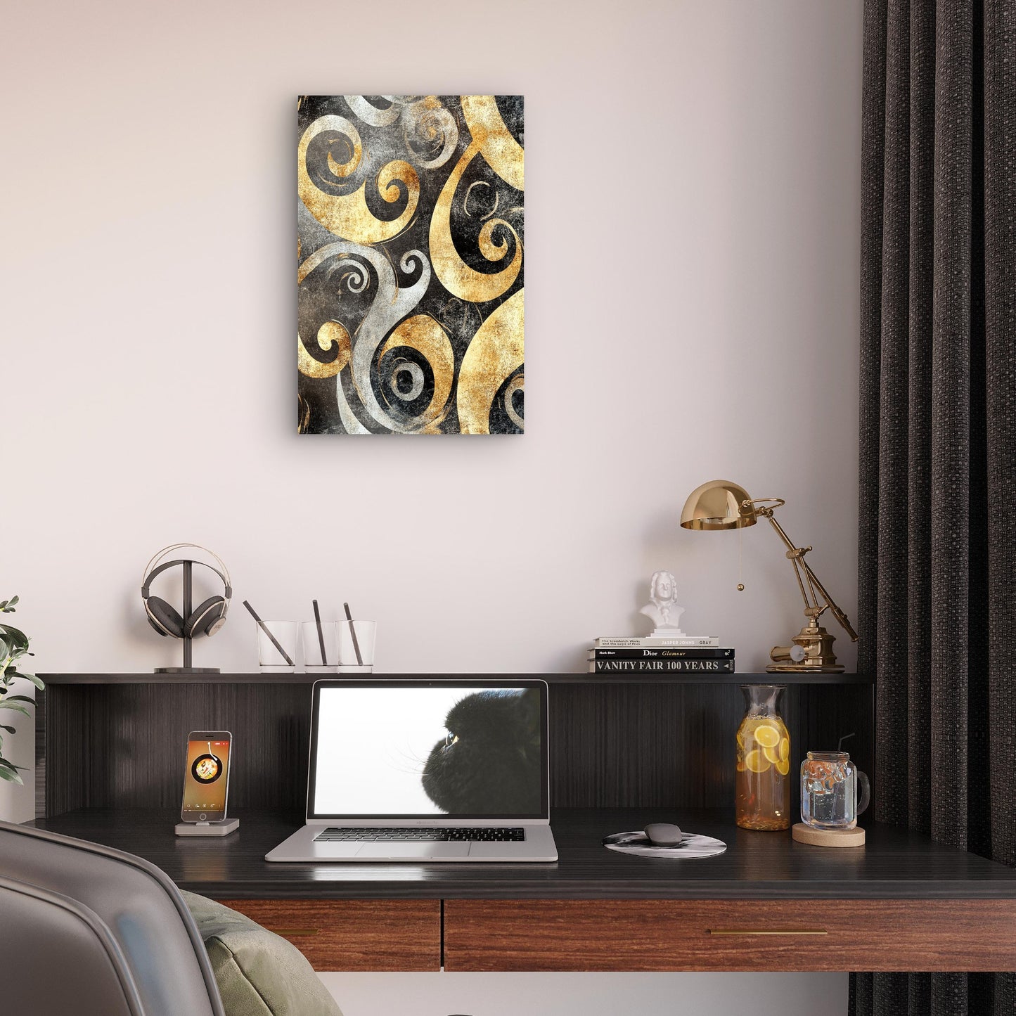 Gold Foil Black Grey Abstract Swirl Pattern 40x60cm Metal Print Ready to Hang