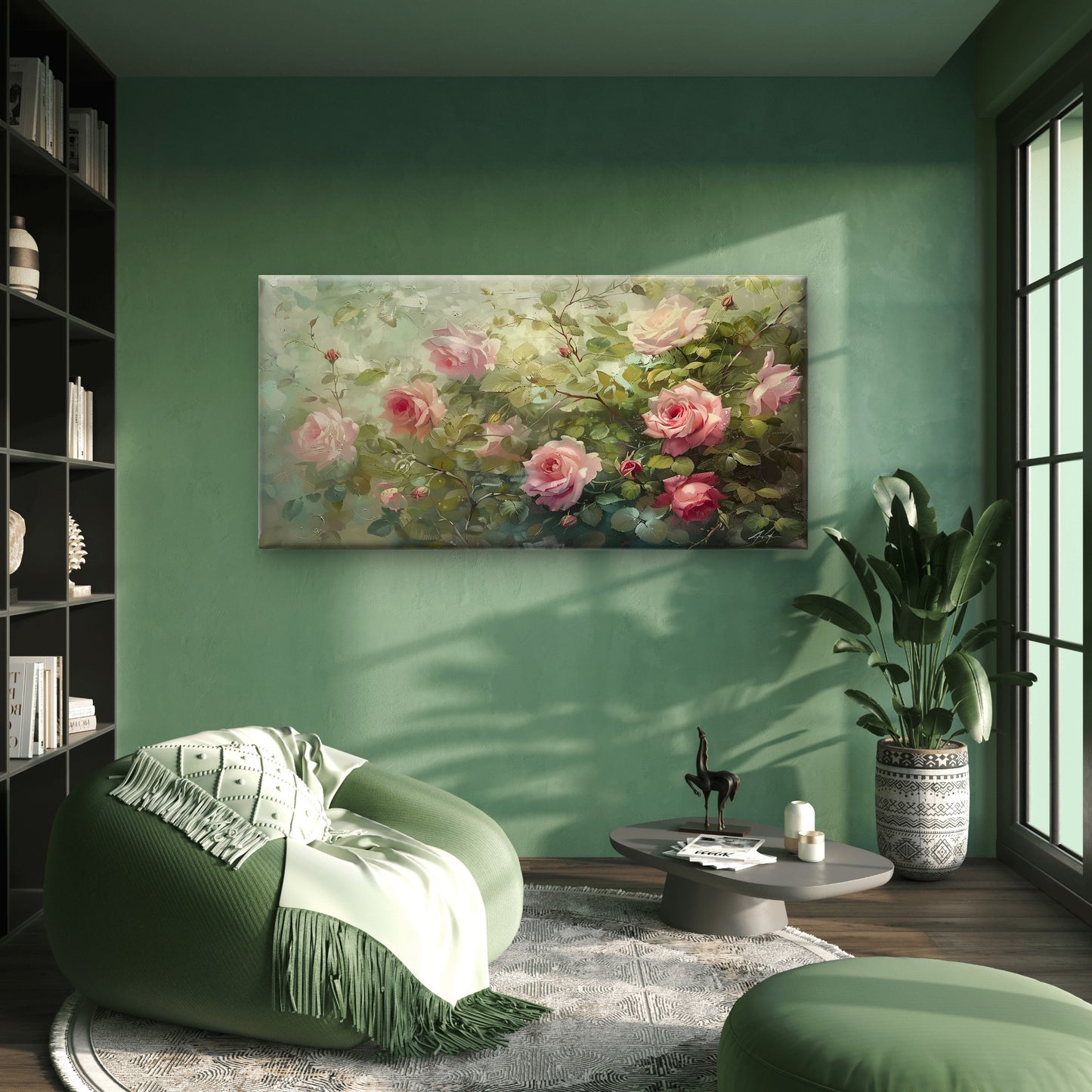 Pink Rose Bush Oil Painting Wall Art Canvas Office Home Room Framed 120x60cm