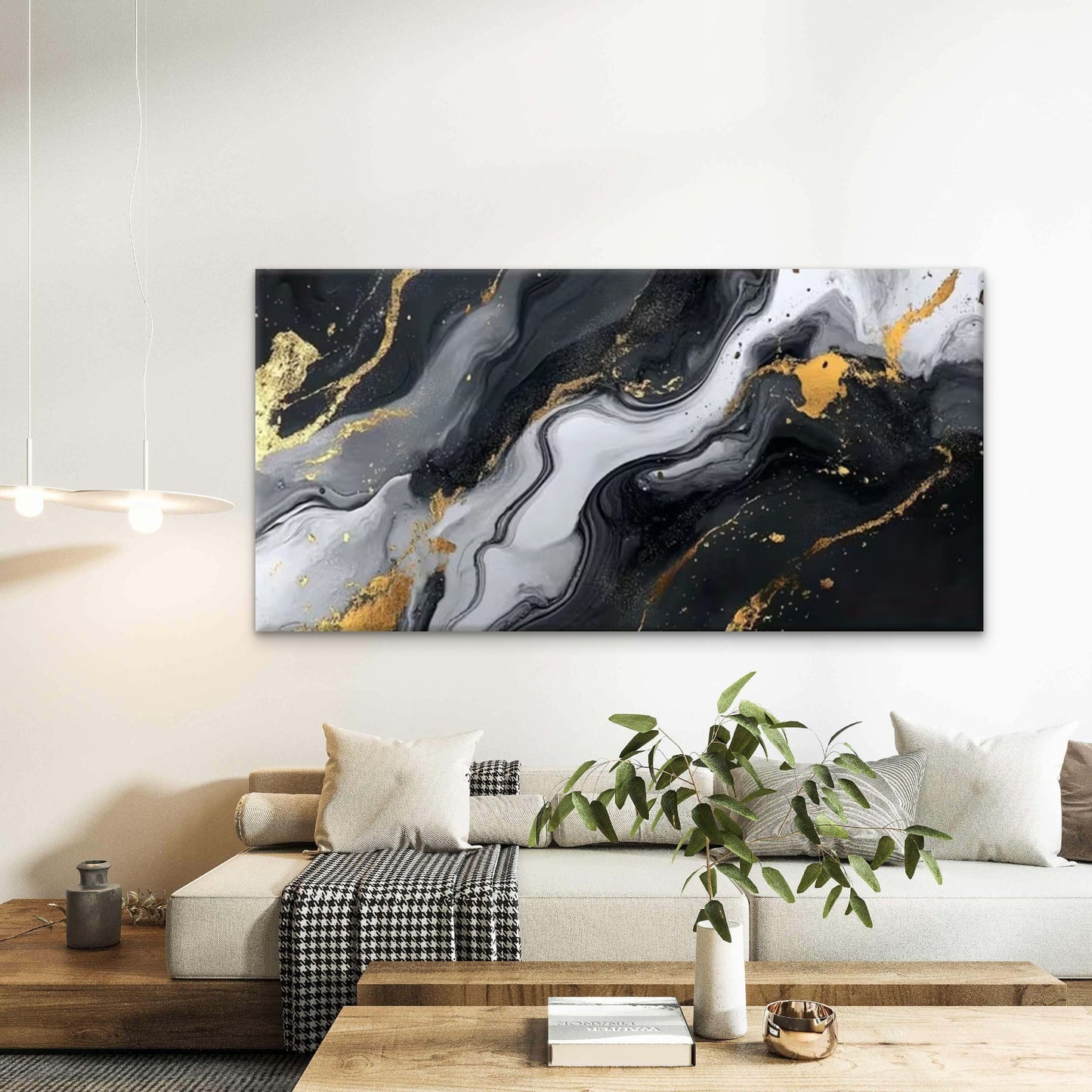 Black & White , Golden Accents Wall Art Canvas Office Home Room Framed 120x60cm