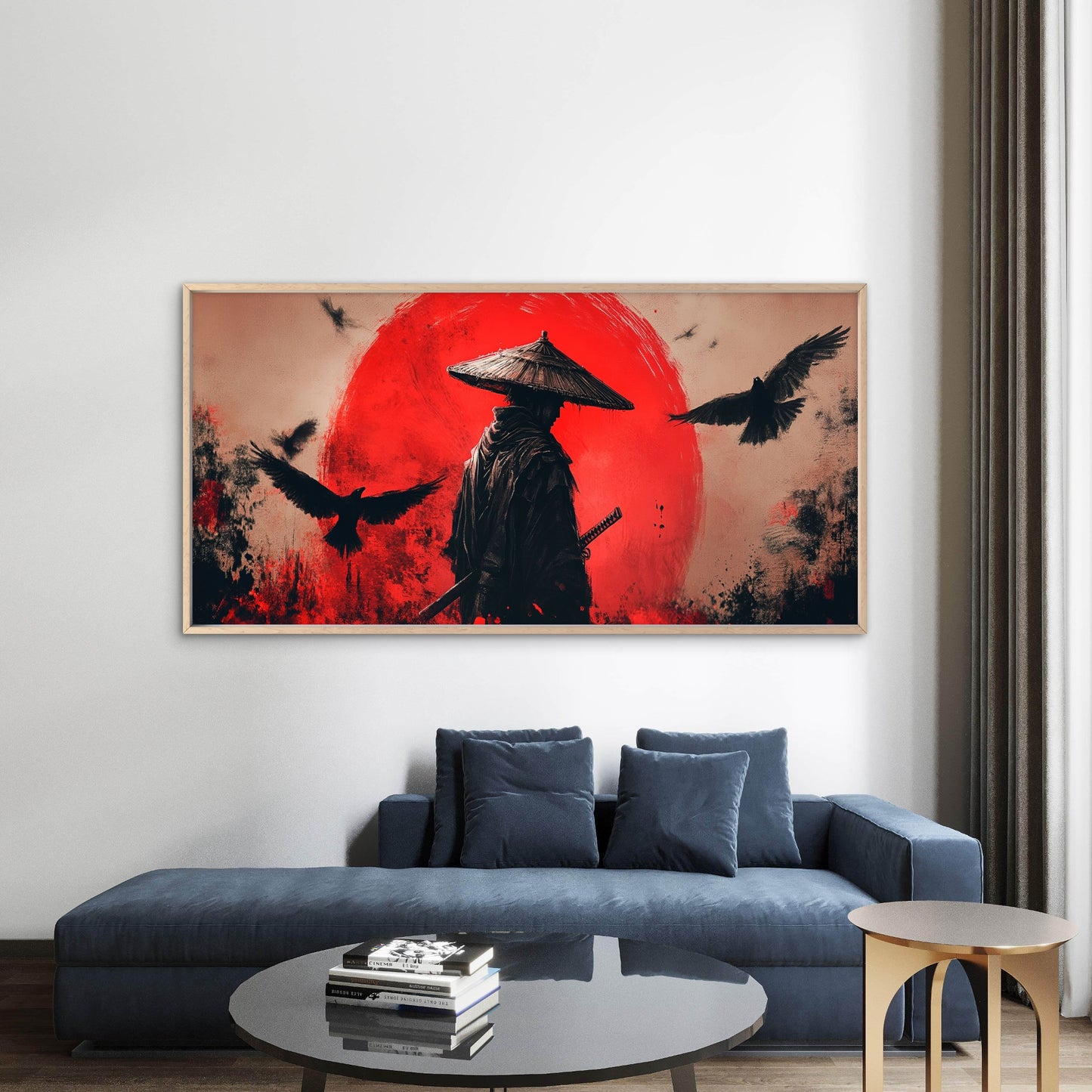 Lone Samurai Against Red Sun Wall Art Canvas Office Home Room Framed 120x60cm