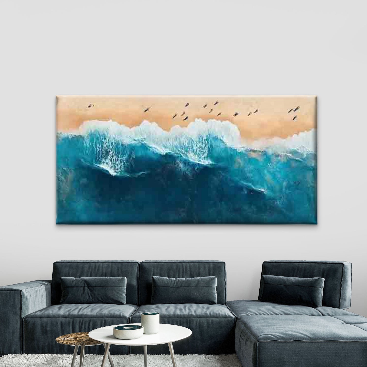 Aerial Ocean Waves Sandy Beach Wall Art Canvas Office Home Room Framed 120x60cm - Bella Home Decor