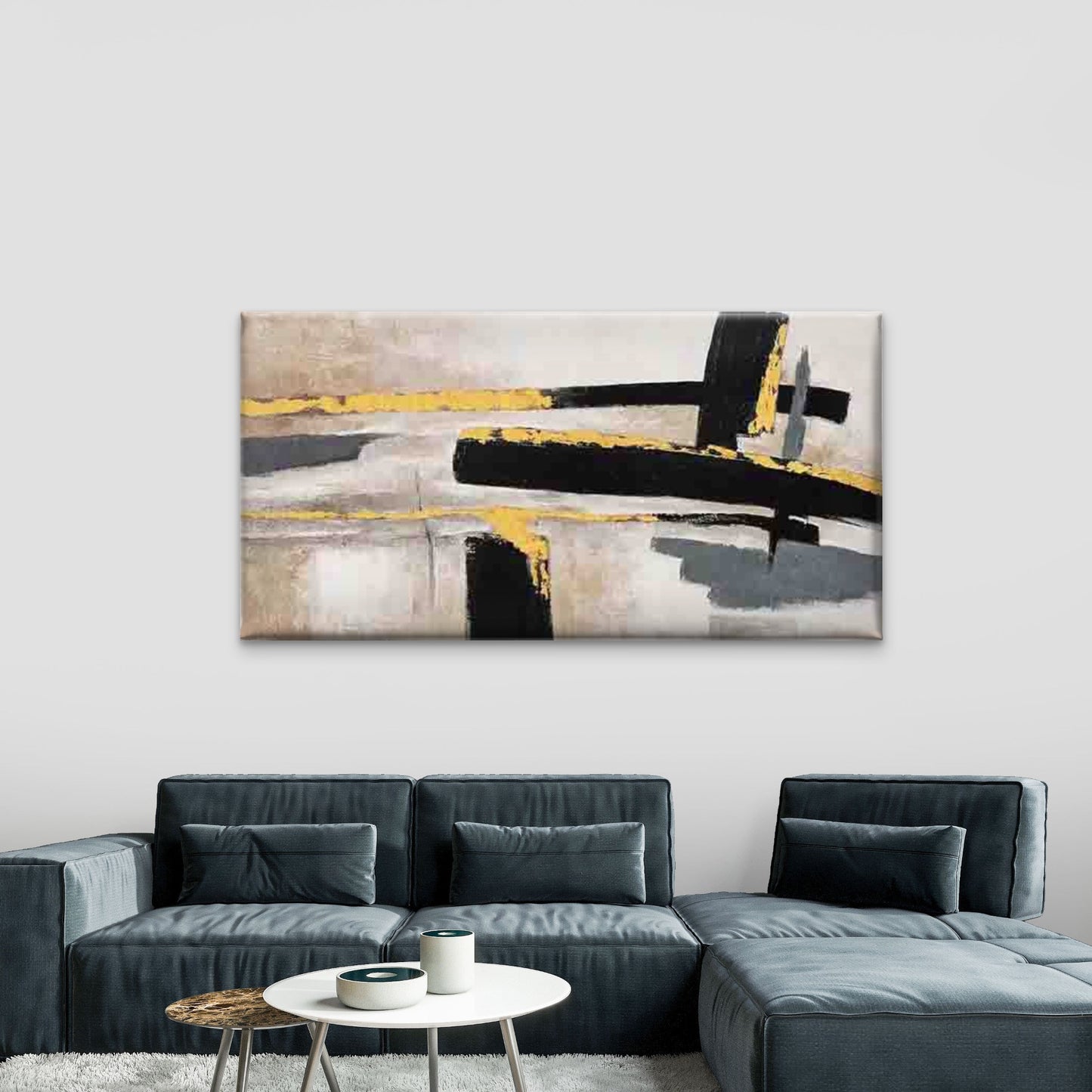Abstract Yellow Accent Neutral Wall Art Canvas Office Home Room Framed 120x60cm - Bella Home Decor