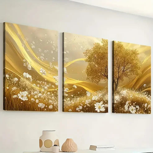 3pcs Golden Grassland Light Luxury Art Calm Wall Art Set Canvas Unframed - High Quality Print 100% Australian Made Wall Canvas - Bella Home Decor